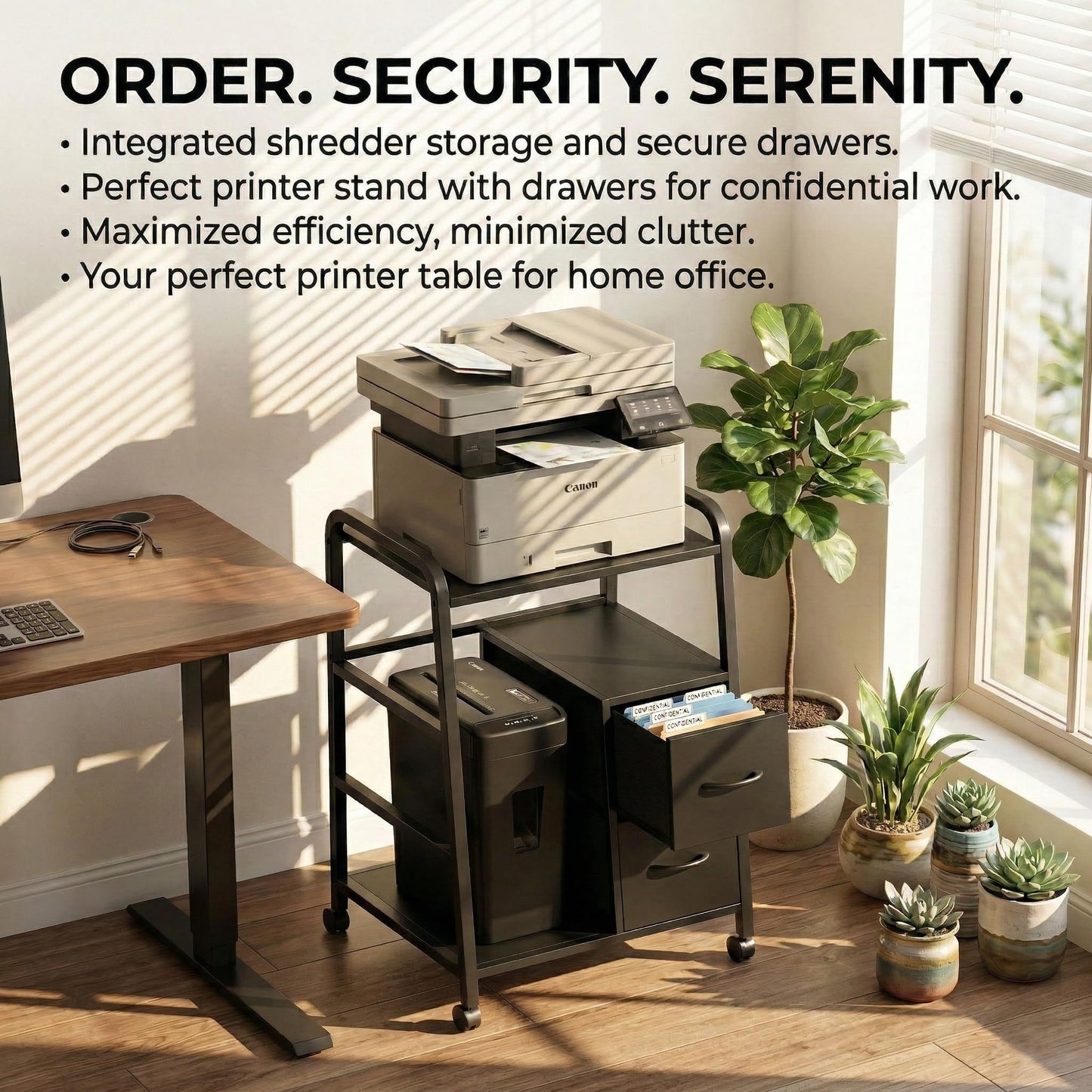 ZEXVIDA Printer Stand Featuring Fabric Drawers, Under Desk Host Computer Cabinet and Shredder Shelf, Heavy Duty Printer Stand with Storage Workstation Organization Printer Table for Home Office