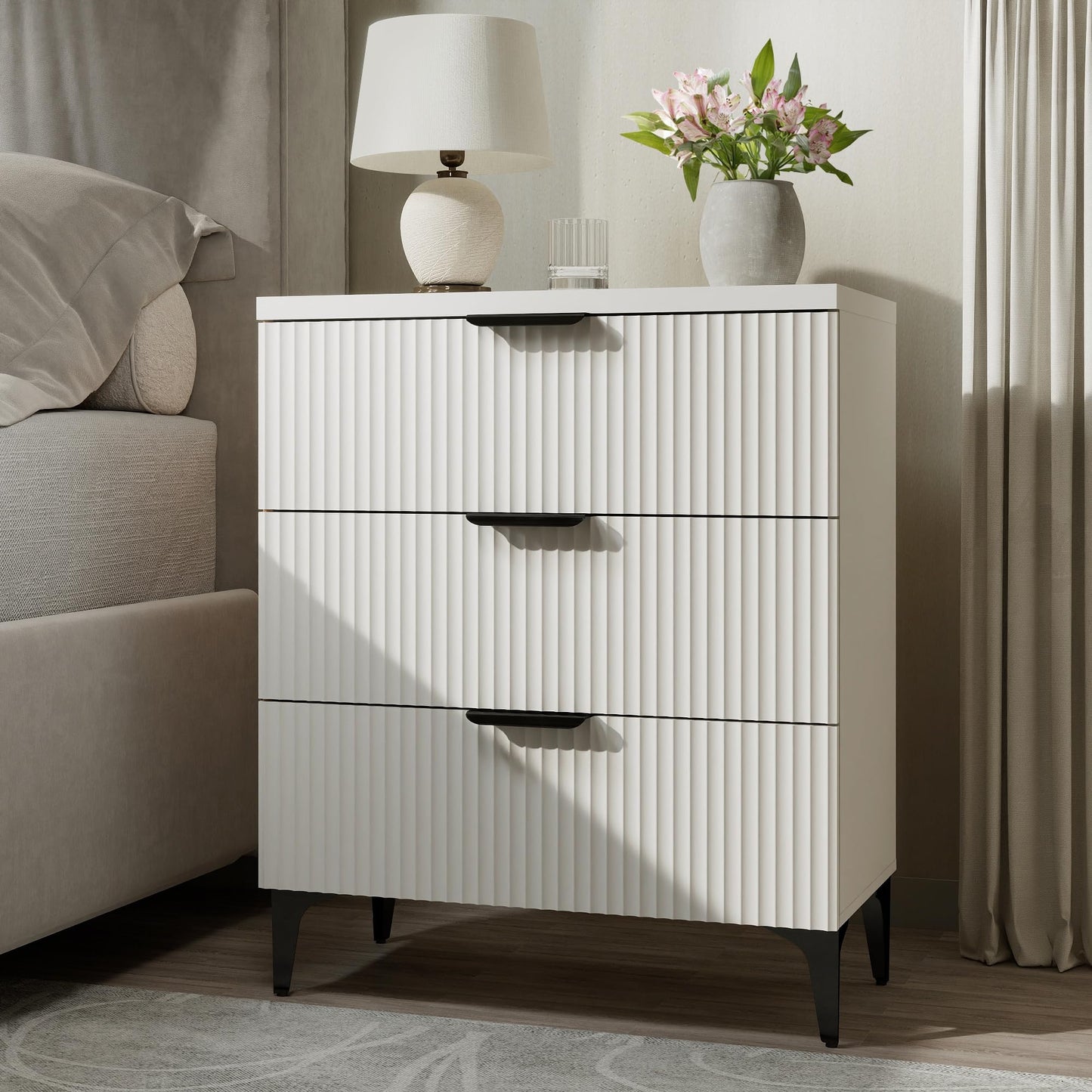 GRAINLLE Wood Night Stand Fluted Dresser for Bedroom 3 Drawers End Tables Nightstand, Storage Modern Side Table Natural White Bedside Table
