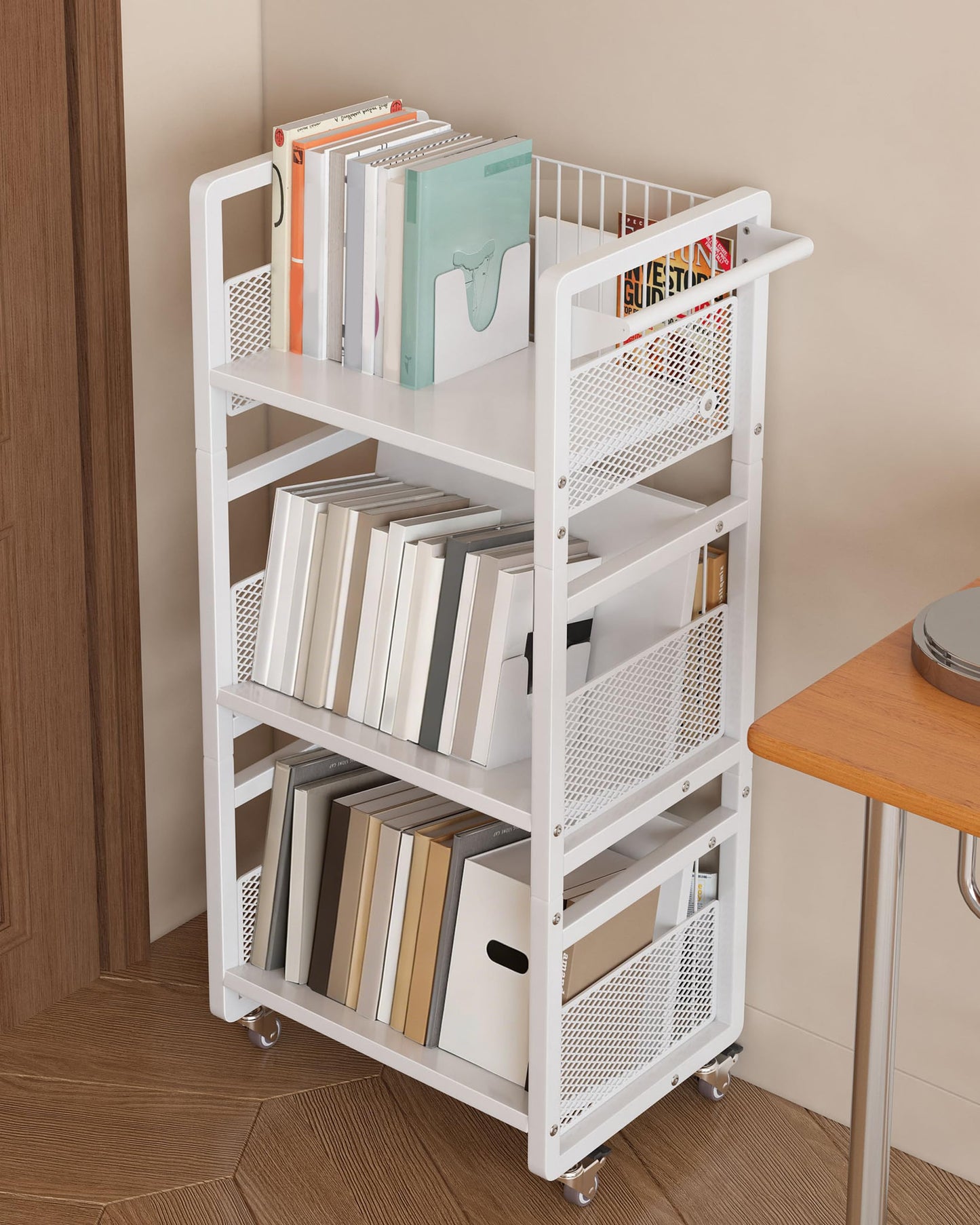UMDONX Heavy-Duty Double-Sided Book Cart with Silent Wheels and 3 Magnetic Book Shelves, Rolling Book Shelf, Library Book Cart, Suitable for Home, Office, or School （White）