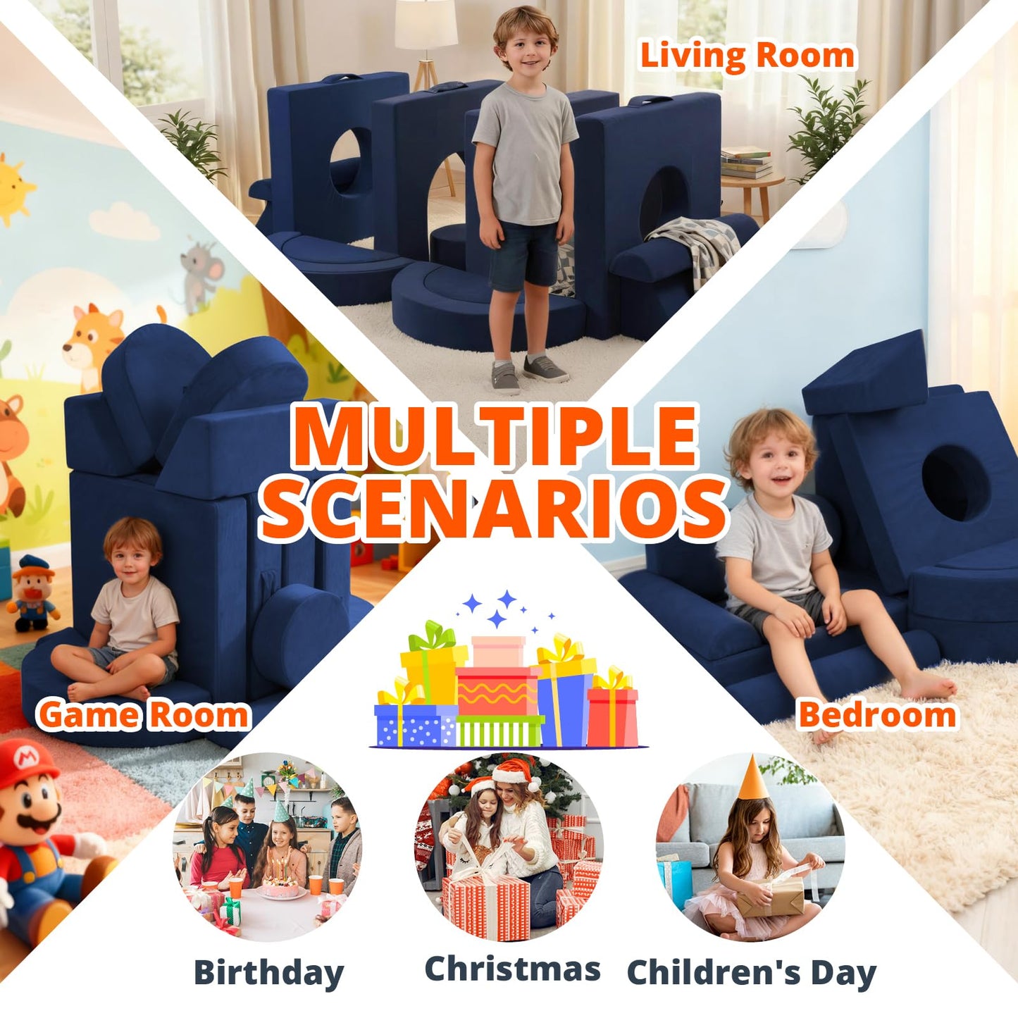 Fvkind Modular Kids Play Couch 16pcs, Kids Toddler Couch Building Fort for Playroom, Bedroom, Toddler Sectional Play Sofa, Convertible Foam Cushion Sofa for Boys and Girls, Blue