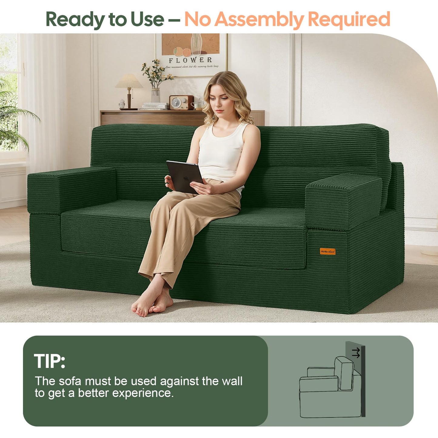 MeMoreCool Queen Sofa Bed, 4-in-1 Pull Out Couch Bed with Wedge Pillow, Boneless Futon Sleeper Loveseat, No Assembly Folding Sofa for Living Room Guest Room, Green Corduroy