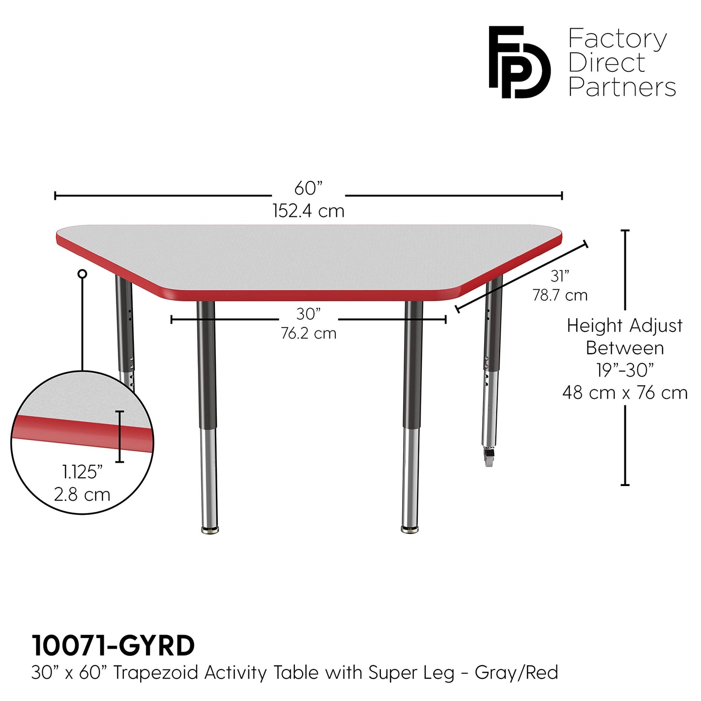 FDP Mobile Trapezoid Activity School and Office Table (30 x 60 inch), Super Legs with Glides and Casters for Collaborative Environments, Adjustable Height 19-30 inches - Gray Top and Red Edge