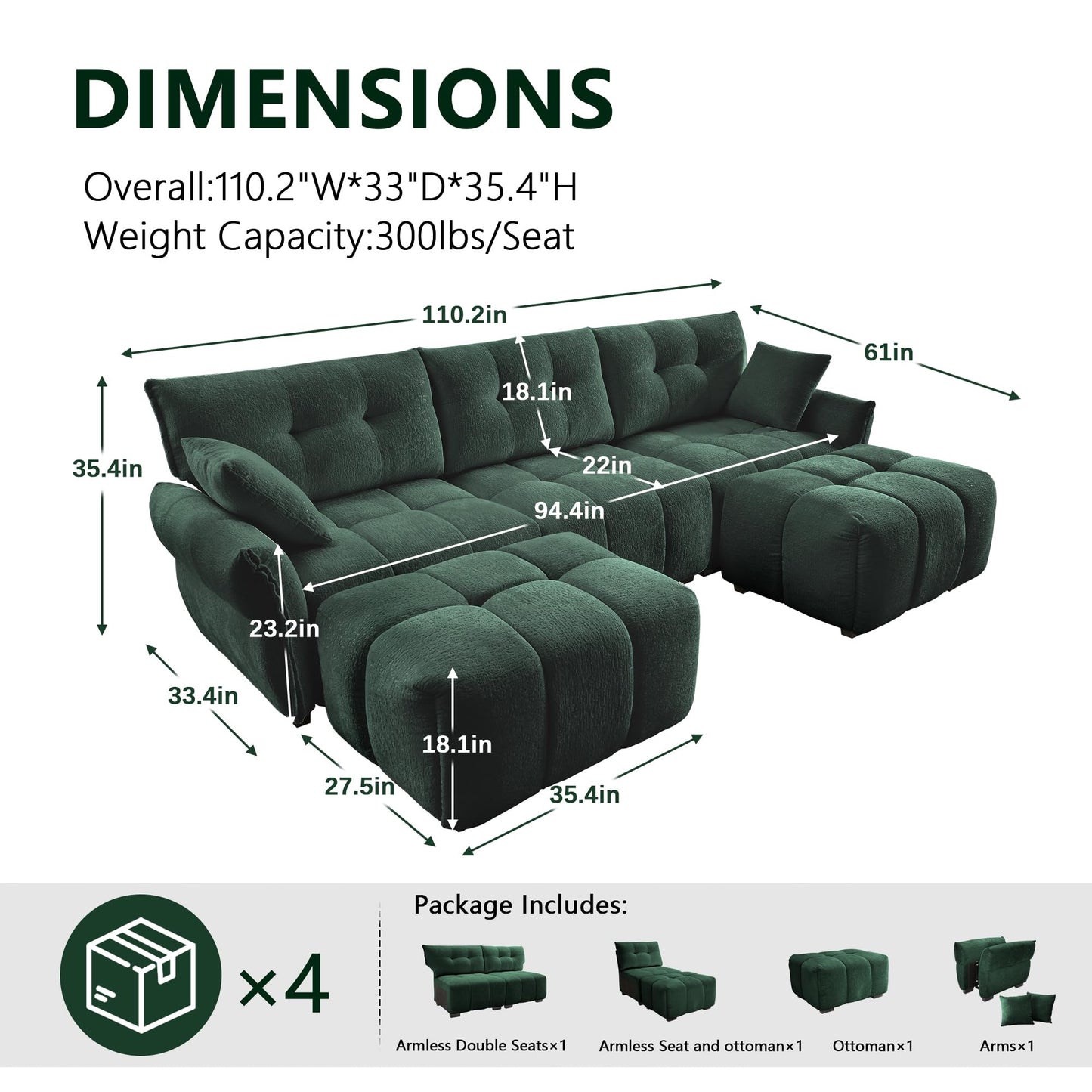 SoarTalent 110.2” Modular Sectional Sofa Couches,Luxury Chenille 3 Seater U-Shaped Sleeper Sofa Cloud Couch with 2 Ottoman and Pillows for Living Room, Apartment, Office(Green)