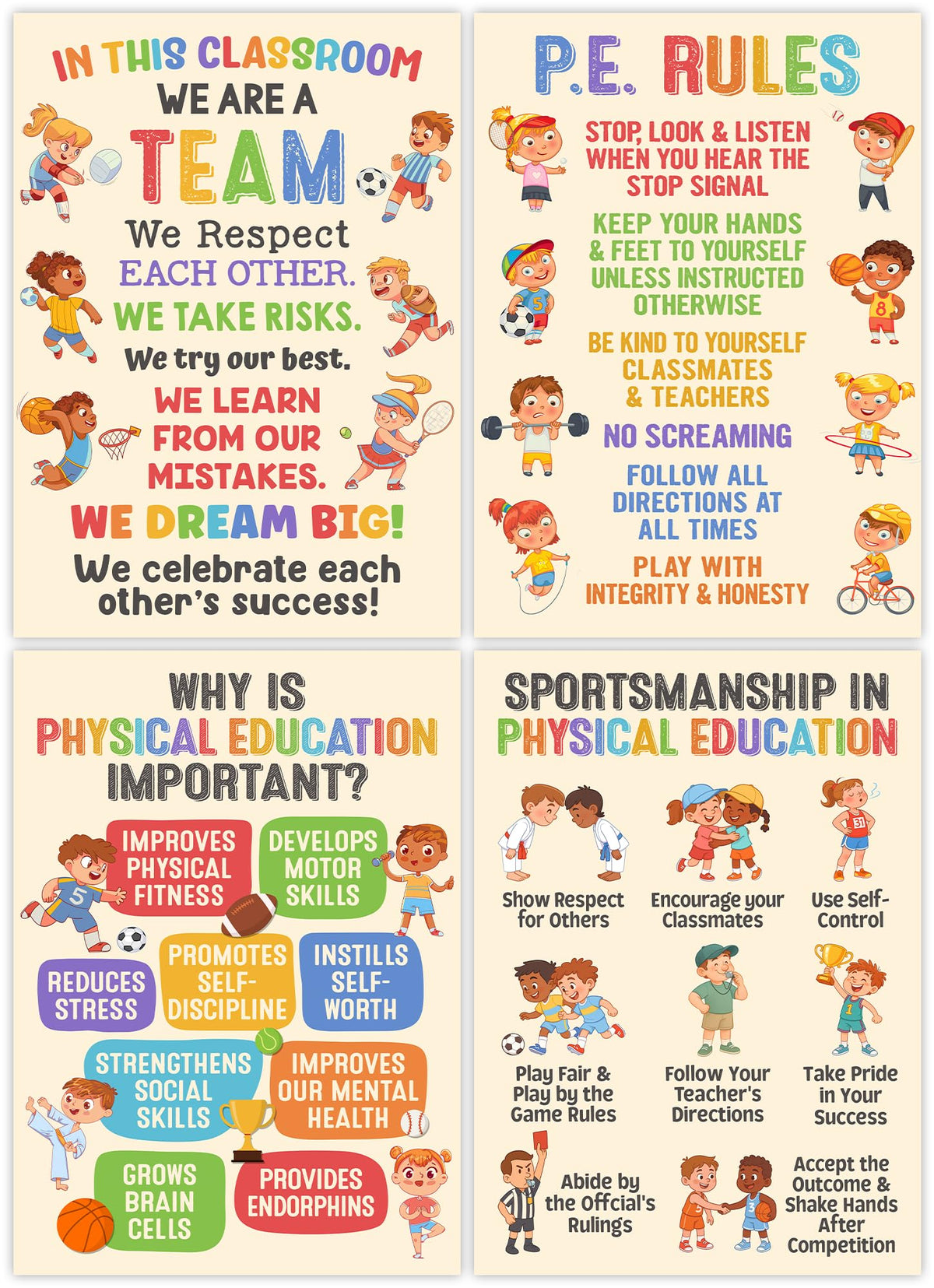 Lalunia 4 Pcs Classroom Exercise Posters (11x16) - Physical Education Class Rules Poster Decoration, Welcome to P.E Wall Art, Kids Workout Activity, Sports Education Supplies for PE Teachers
