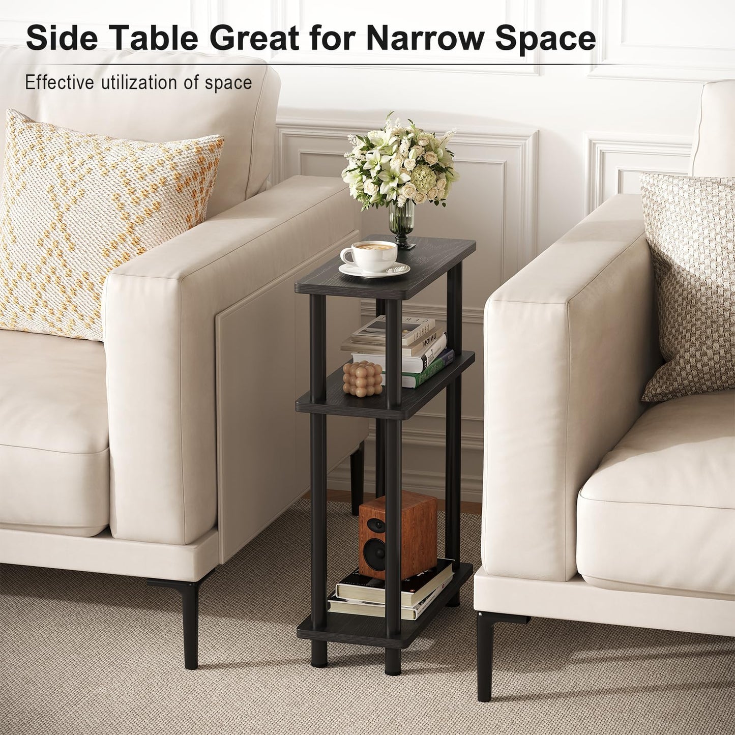 Apicizon Small Narrow Side Table, 3-Tier Skinny End Table with Storage Shelf, Slim Nightstand Bedside Table for Small Spaces, Living Room, Bderoom, Black
