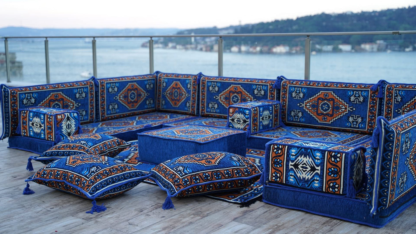 arabicsofa Blue Middle Eastern Moroccan Majlis – U Shaped Oriental Floor Seating Jalsa Modular Sofa