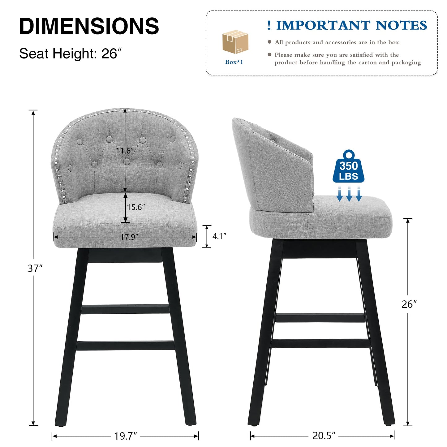 UDAX 26''Swivel Bar Stools Set of 2, Upholstered Barstools with Backs, Modern Counter Height Bar Stool Chairs for Kitchen Island, Wood Legs, Counter Stools