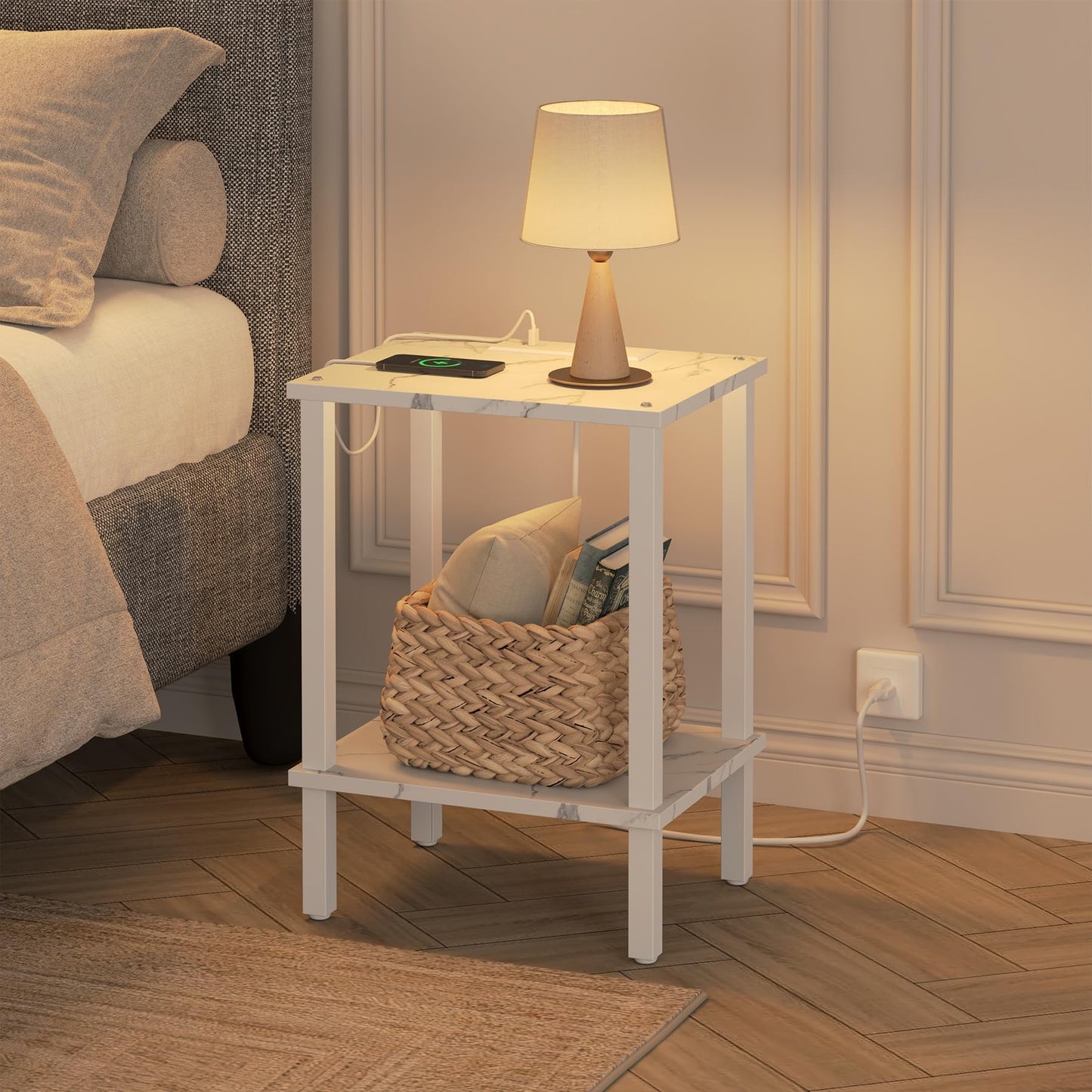 TUTOTAK End Table with Charging Station, Small Side Table with Outlets, Nightstand Bedside Table, 2-Tier Storage Shelf for Small Space, Living Room, Bedroom, Marble White TB01BMW040