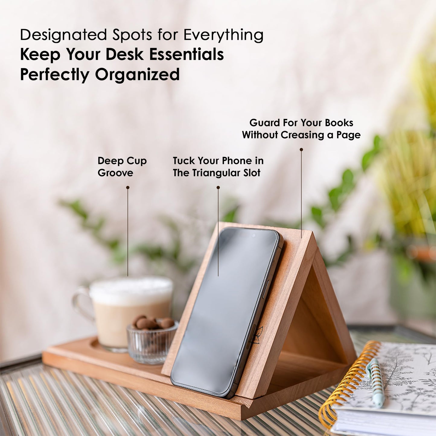 Wooden Triangle Book Stand & Reading Valet – Book Rest with Cup, Phone, Glasses & Pen Holder – Thumb Book Page Holder - Nightstand Book Holder & Gift for Book Lovers, Readers & Bibliophiles