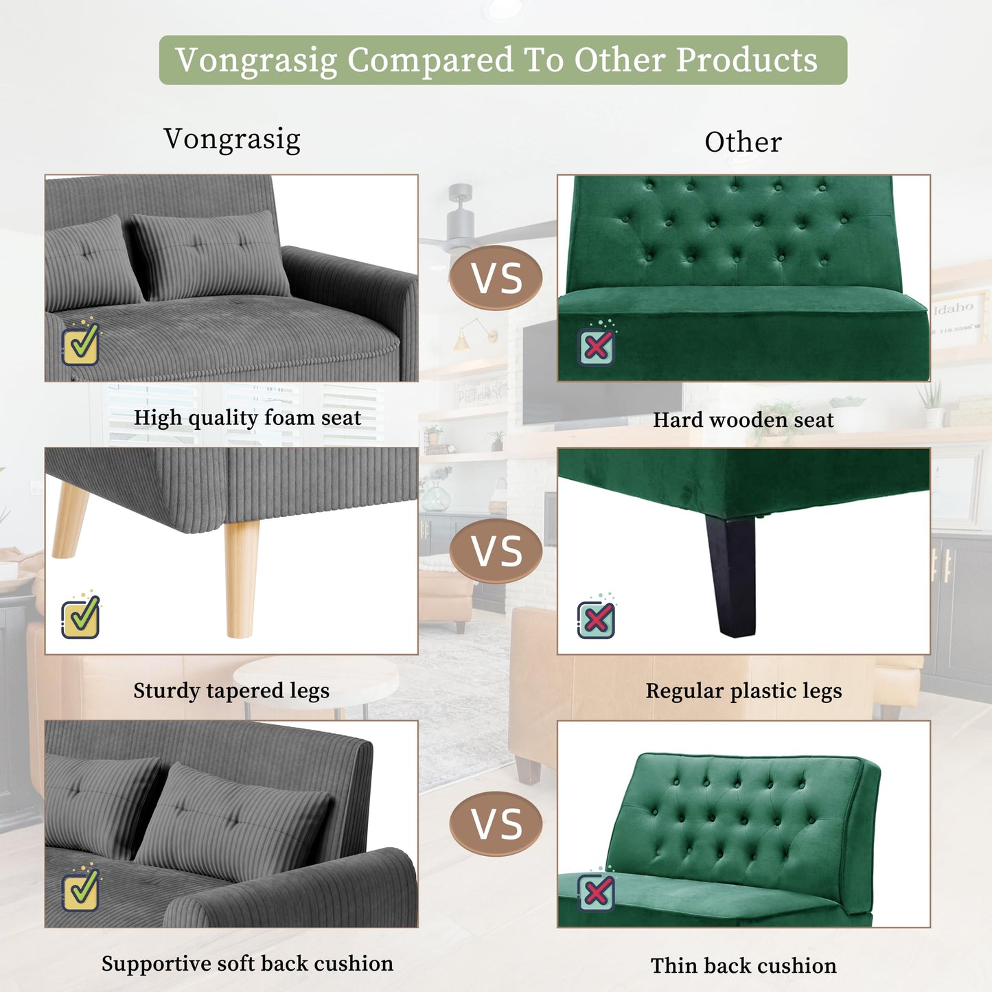 Vongrasig 48" Small Modern Loveseat Sofa, Mid Century Soft Corduroy Fabric 2-Seat Sofa Couch Tufted Love Seat with Back Cushions and Tapered Legs for Living Room, Bedroom and Small Space (Dark Gray)