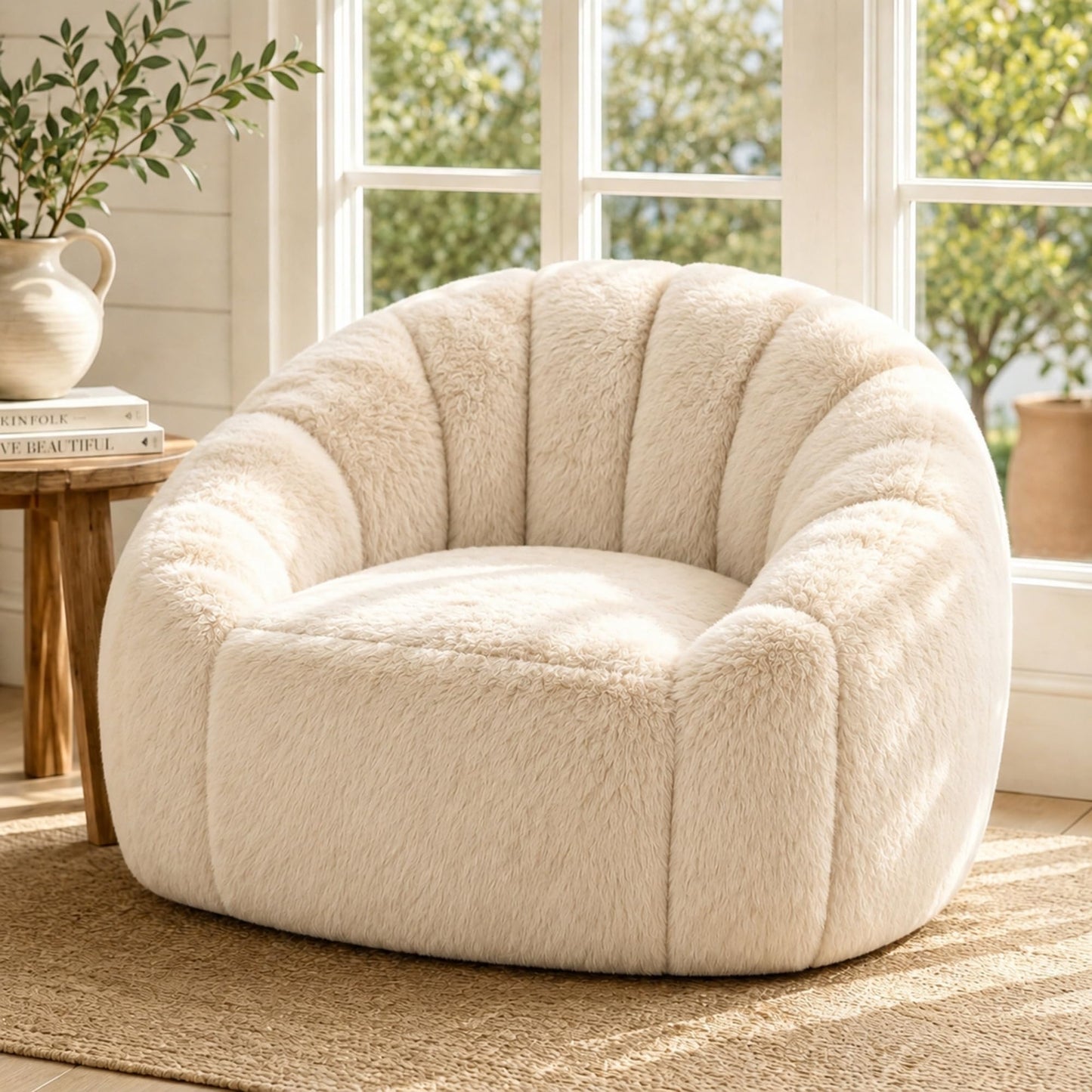 Giant Bean Bag Chair, Oversized Bean Bag Couch with Armrests for Adults, Cozy Faux Fur Shell-Shaped Lazy Sofa with High-Density Foam, Soft Comfy Floor Lounger Chair for Reading & Gaming, Beige