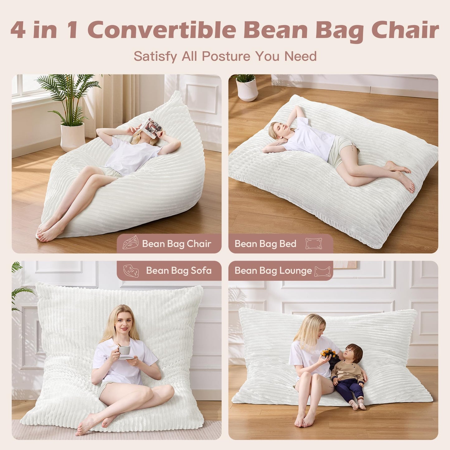 MuaMelop Bean Bag Chair, Giant Bean Bag Chair, 4 in 1 Convertible Beanbag Chairs for Adults with Removable Cover, Memory Foam Floor Cushions, Living Room, Bedroom, Beige