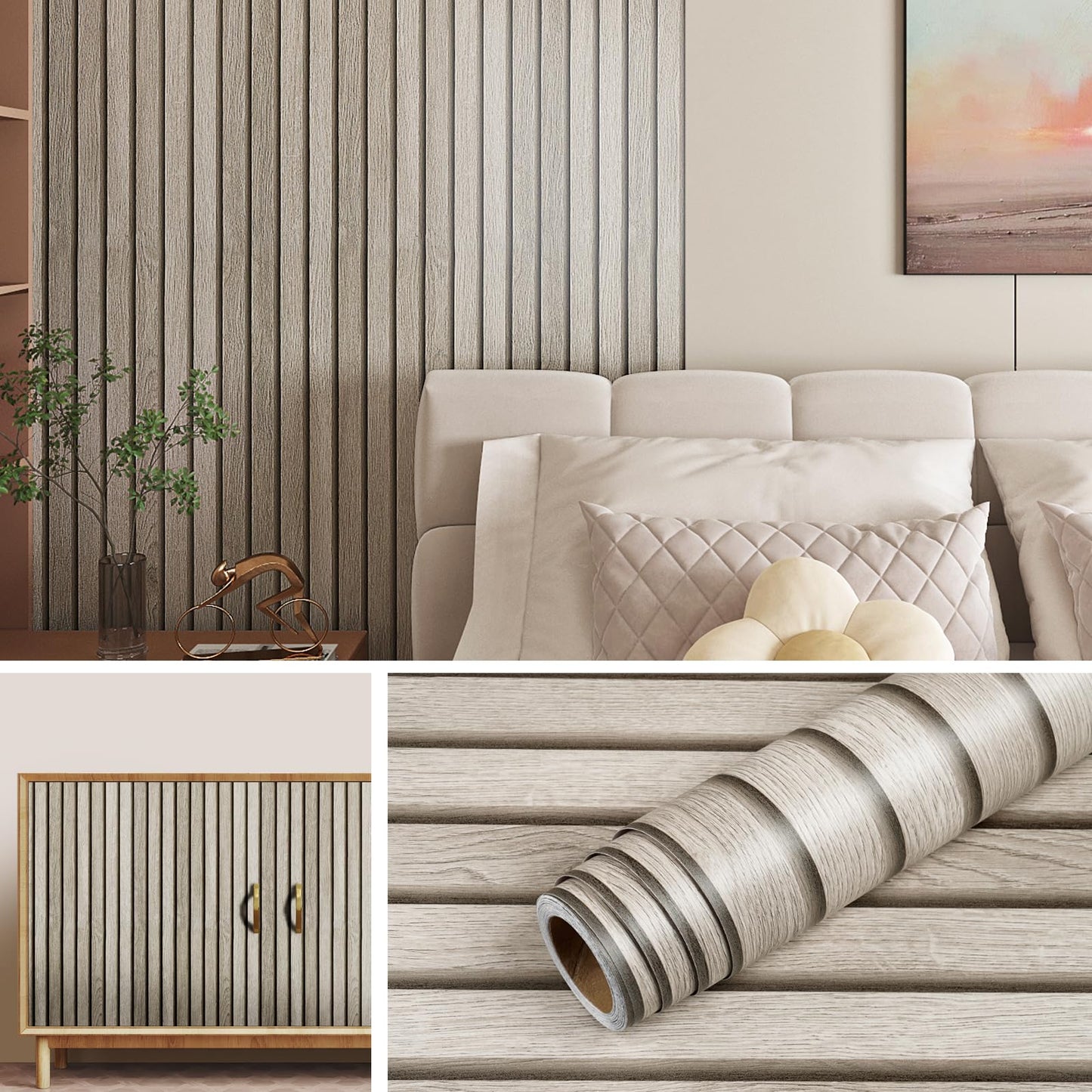 Livelynine 15.8x197 Wood Panel Wallpaper Peel and Stick Wood Panels for Walls Furniture Self Adhesive Contact Paper Roll Faux Wood Slat Wall Panel White Wall Panels Removable 3D Slat Wall Paneling