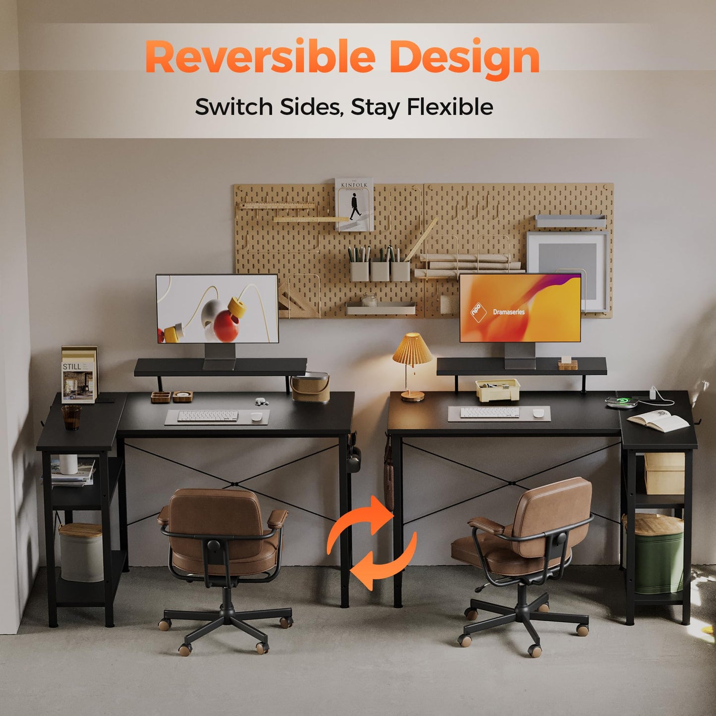 Mericonia Small L Shaped Computer Desk with Power Outlets, Reversible Gaming Desk with Storage Shelves & Monitor Stand, Corner Gamer Desk Table, Study Writing Table