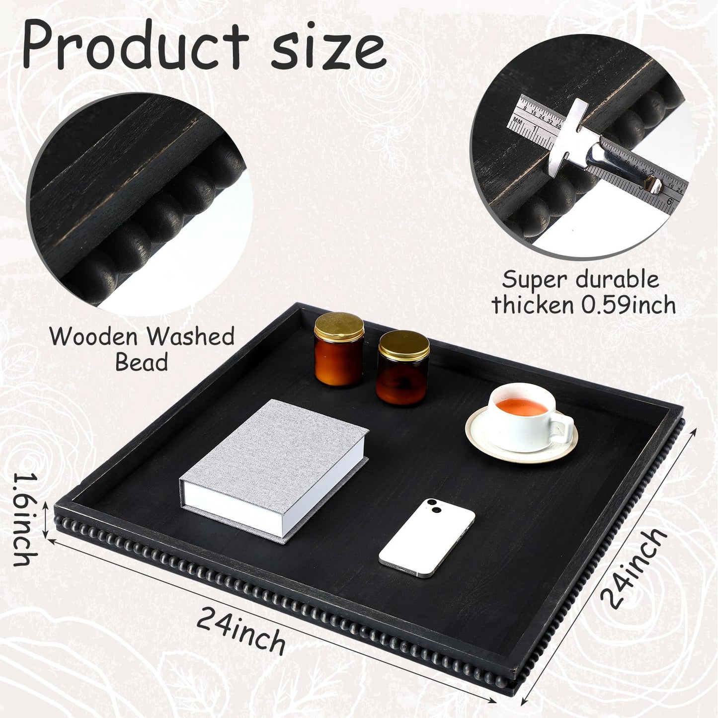 Nuogo Extra Large Square Ottoman Table Tray with Wooden Bead 24 x 24 Inch Washed Wooden Serving Tray Multifunction Decorative Square Ottoman for Coffee Table Platter Room Kitchen Counter (Black)