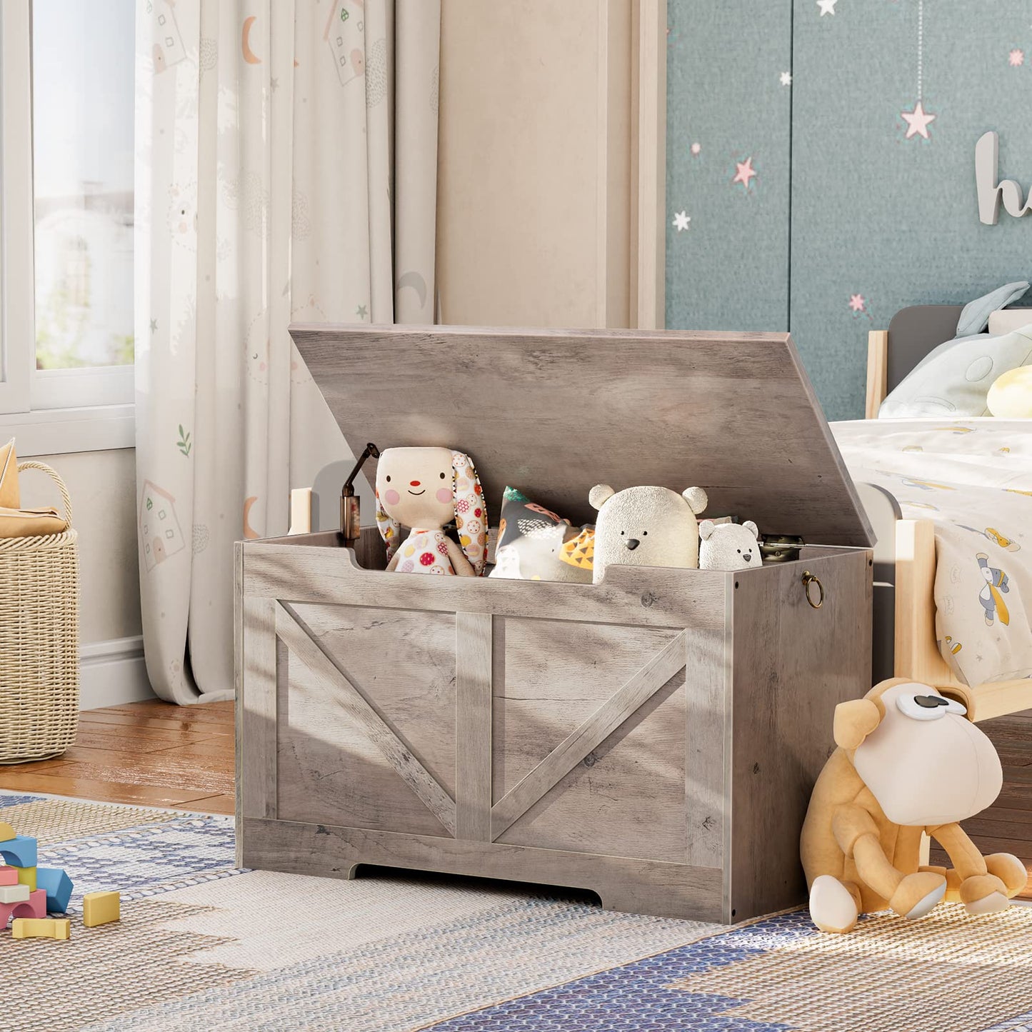 HOOBRO Storage Bench, 29.5” Retro Wooden Storage Chest with U-Shaped Cut-Out Pull, Safety Hinge, Supports 220 lb and Easy Assembly for Toy Box Organizer (Greige) BG77CW01