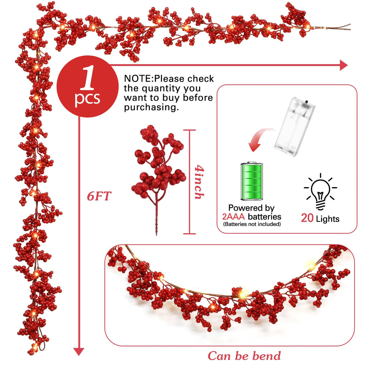 Syhood Christmas Berry String Garland with Lights Thanksgiving Artificial Lighted Garland for Home Xmas Winter Tree Decor Office Fireplace Mantel Decoration Holiday Valentines, 6 Ft (Red,1 Pc)