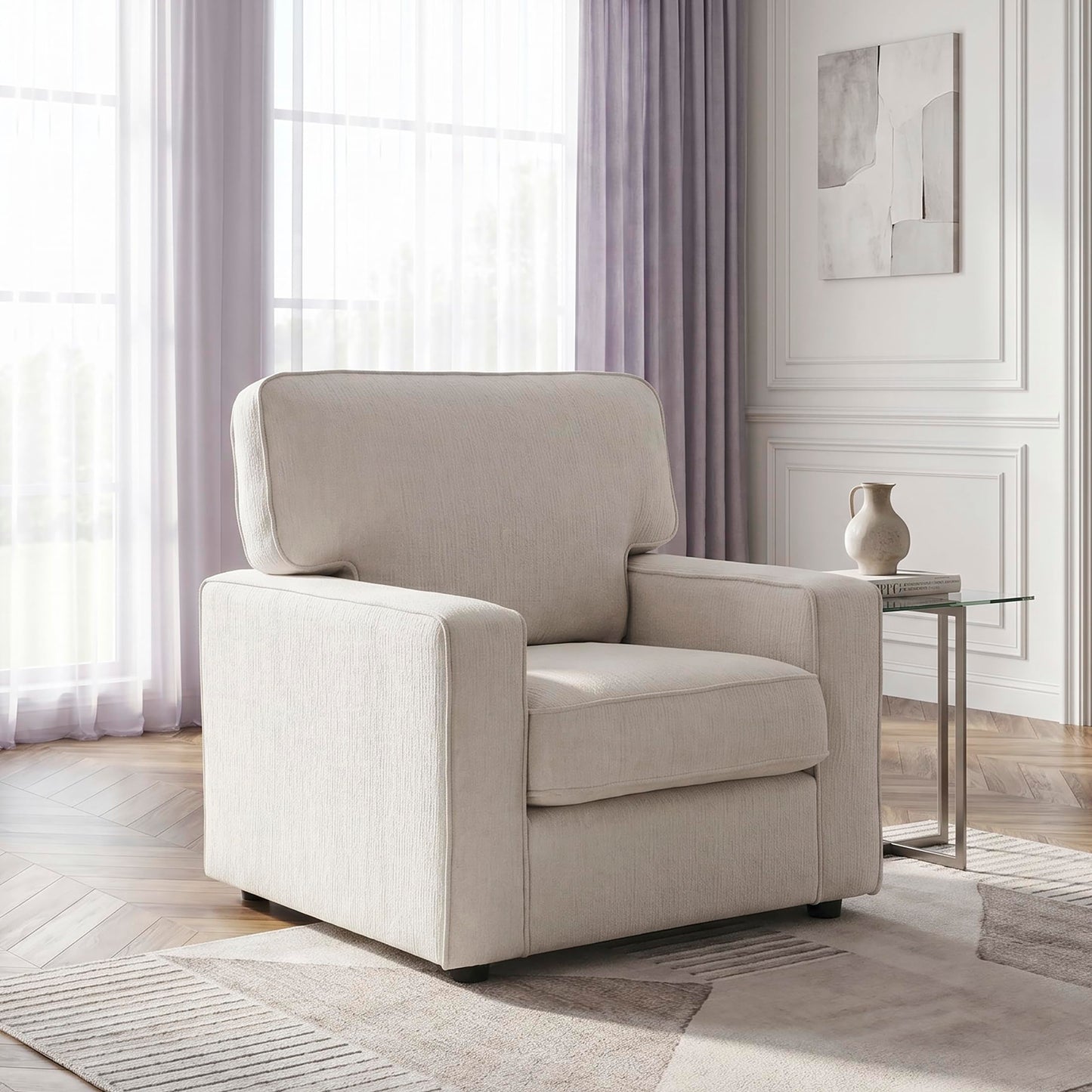 Lexicon Modern Accent Chair, Chenille Upholstered Single Sofa Chair, Track Arm, Reversible Cushions, Removable Cushion Cover, Easy Assembly for Living Room/Office/Reading Spaces, Beige
