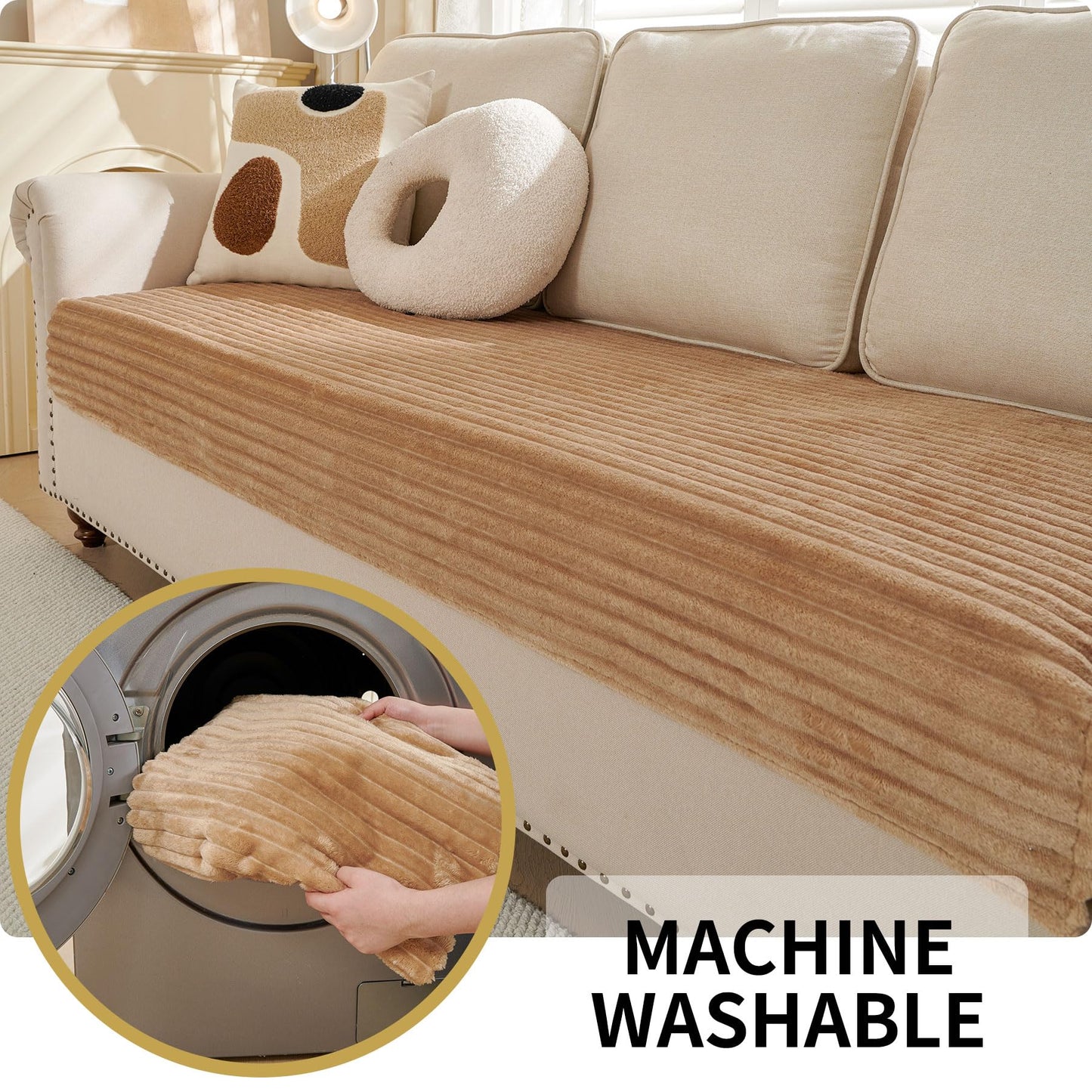 HAOMAIJIA Waterproof Couch Cover for Dogs Washable,Faux Fur Pet Couch Covers for Sofa,Soft Dog Bed Cover Non-Slip Couch Covers for 3 Cushion Couch Sofa Pet Friendly (Khaki, 35" x 95" 1 Pack)