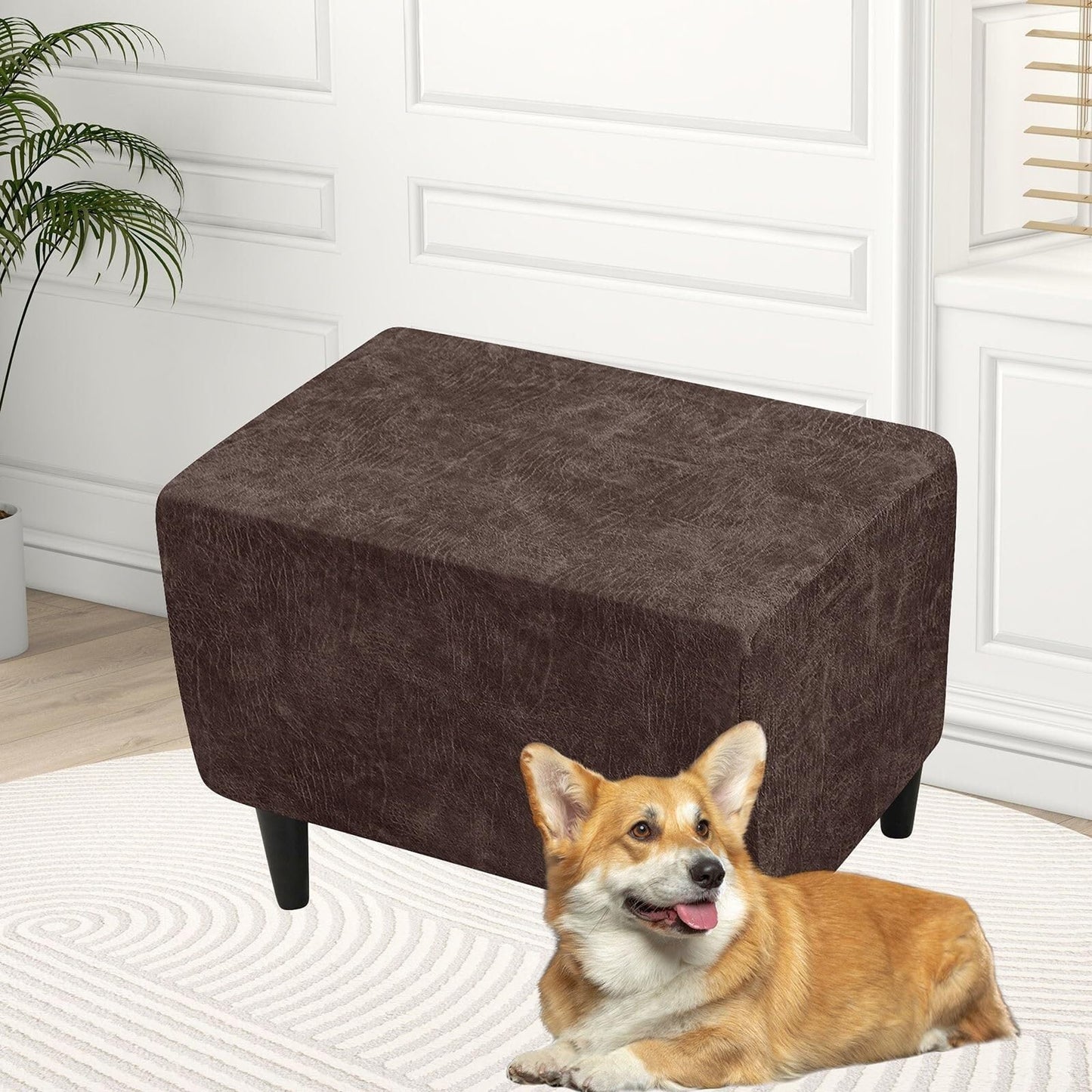 HYGPP Faux Leather Ottoman Cover Rectangle Ottoman Slipcover Waterproof Storage Ottoman Cover Stretch Non Slip Living Room Furniture Protector-Brown-Large(Brown,Small)