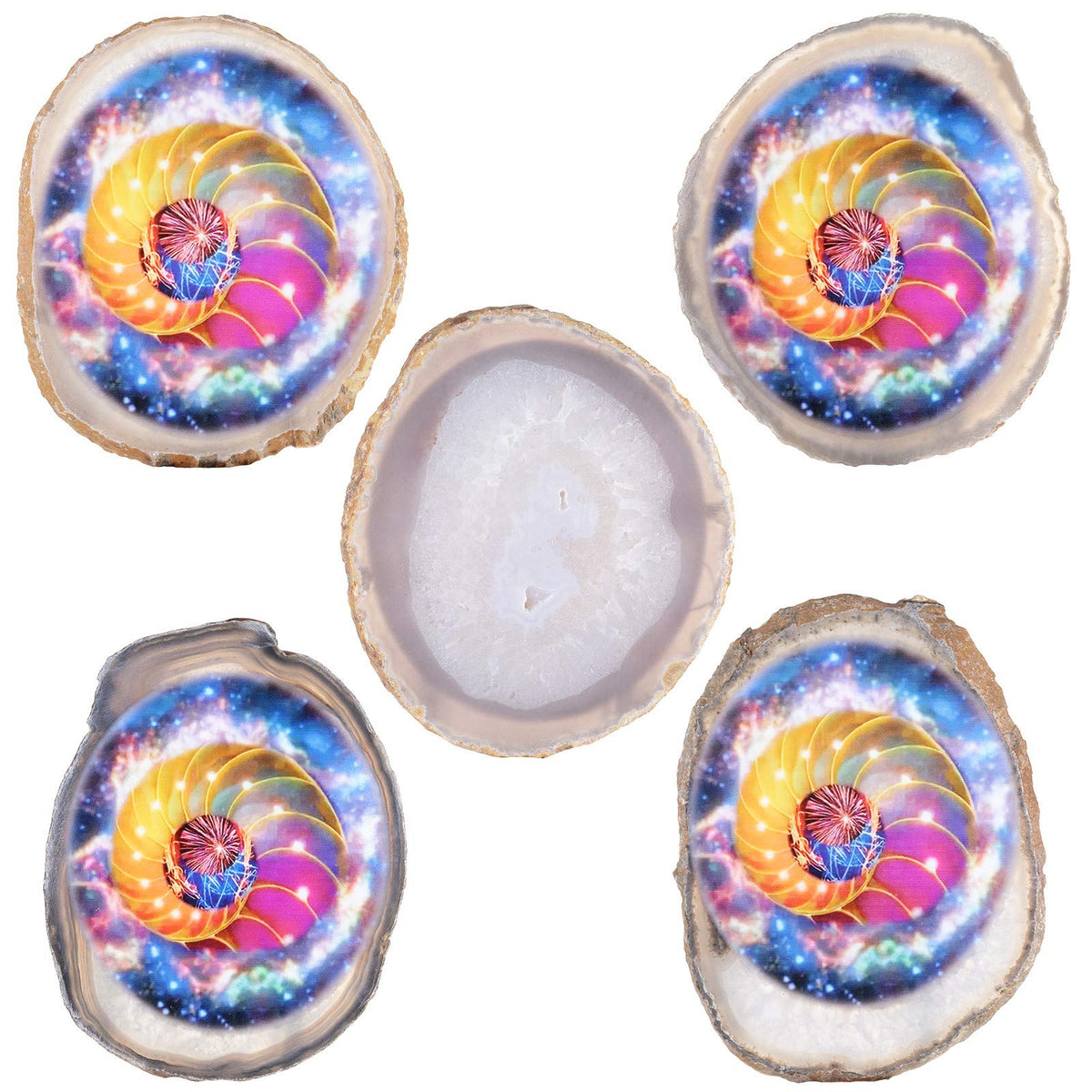 Rockcloud Colorful Space Agate Slab Display with Wooden Stand Irregular Shape Agate Slice Stone Home Office Desk Ornament, 3.9"-4.7"