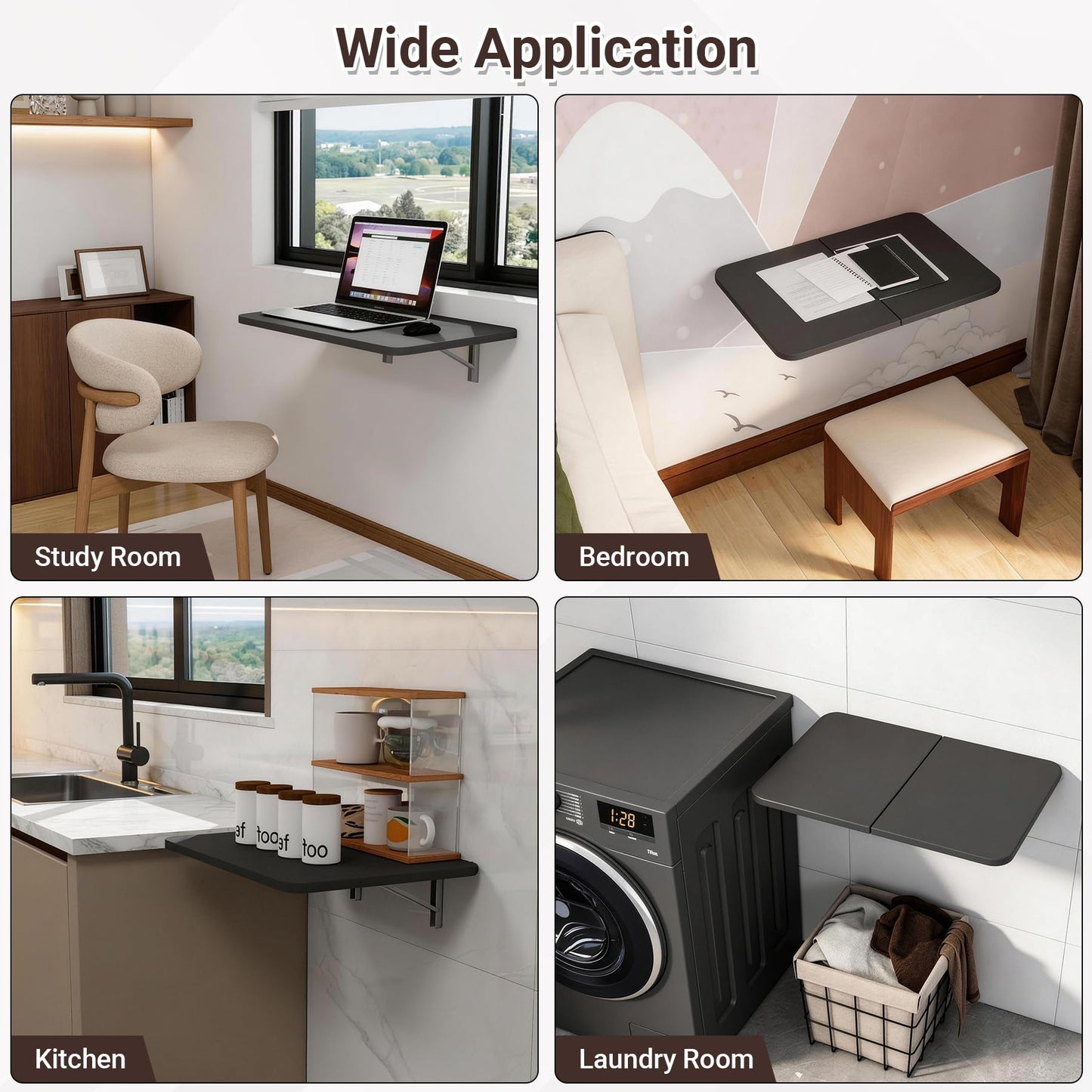 Neoaider Wall Mounted Folding Desk 23.6” x 15.7”, Drop Down Table with Metal Collapsible Brackets, Folding Wall Table for Small Spaces, Home, Office, Kitchen, Laundry Room-Black