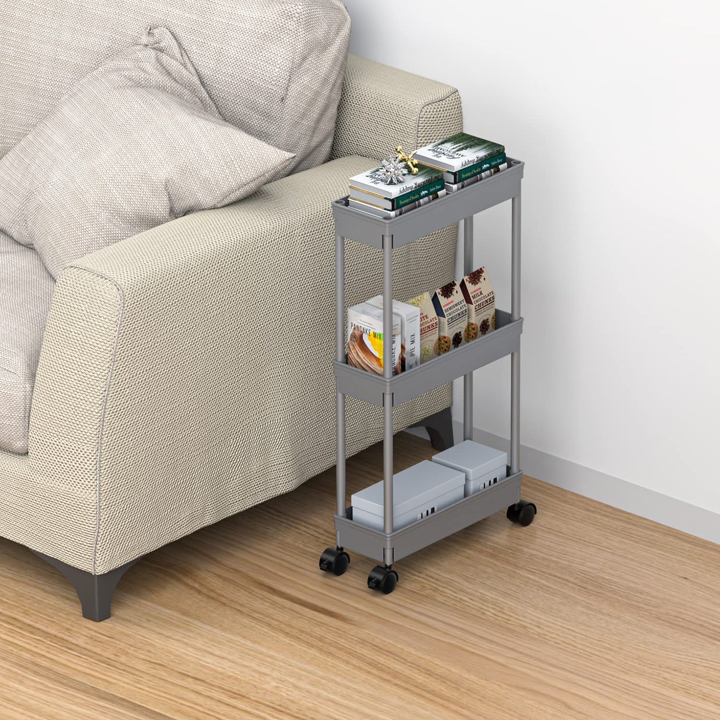 Sooyee Slim Storage Cart,3 Tier Bathroom Rolling Utility Cart Storage Organizer Slide Out Cart, Mobile Shelving Unit Organizer Trolley for Office Bathroom Kitchen Laundry Room Narrow Places, Grey