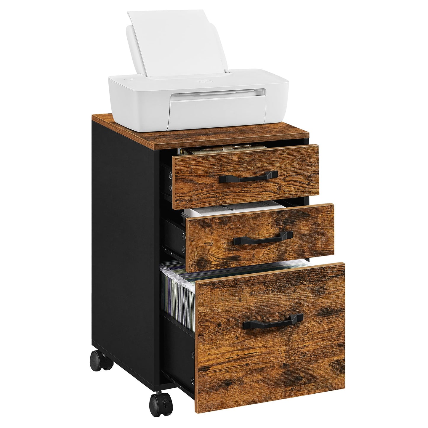 VASAGLE Custos Collection - Mobile File Cabinet, 3 Drawers Filing Cabinet with Wheels, for Home Office, for A4, Letter Sized Documents, Adjustable Hanging Rail, Rustic Brown and Black UOFC065B01