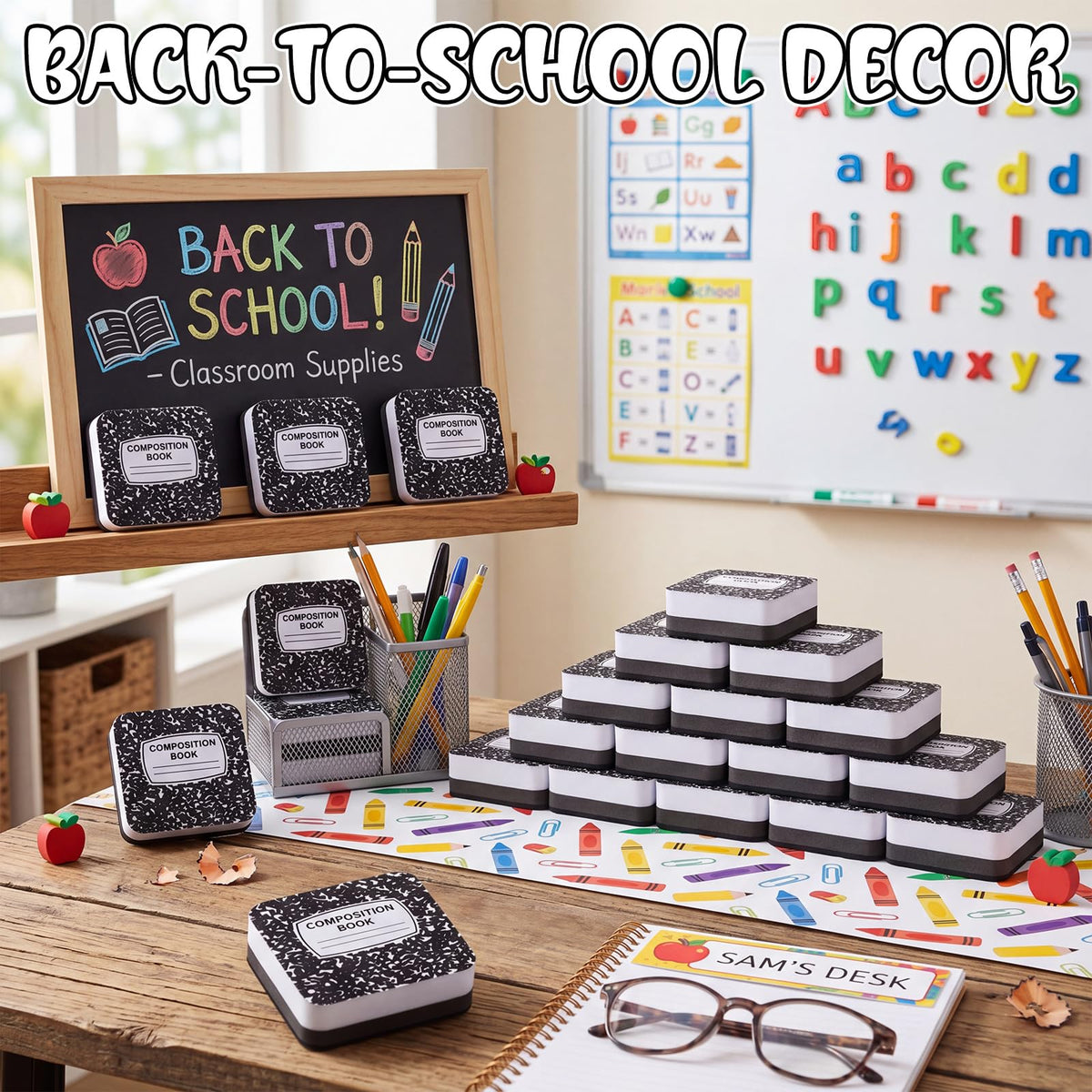 YooNotee 48 Pack Composition Book Magnetic Dry Erase Erasers 2x2 Inch, Mini Whiteboard Dry Erasers Back to School Supplies Chalkboard Cleaning Pads for Classroom Office Kindergarten Decor