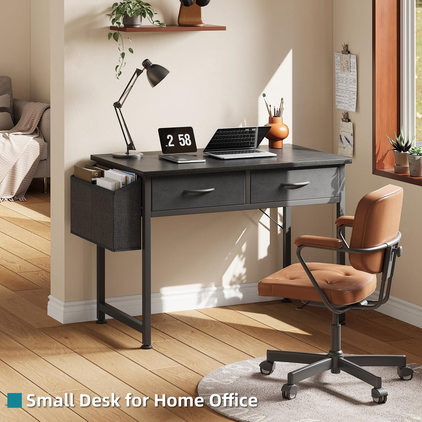 CAIYUN Computer Office Desk for Small Space with Fabric Drawers, Home Office Desk for Bedroom with Side Pocket and Hook, 31 Inch Kid’s Desk, Writing Desk, Study Table and Work Desk, Black