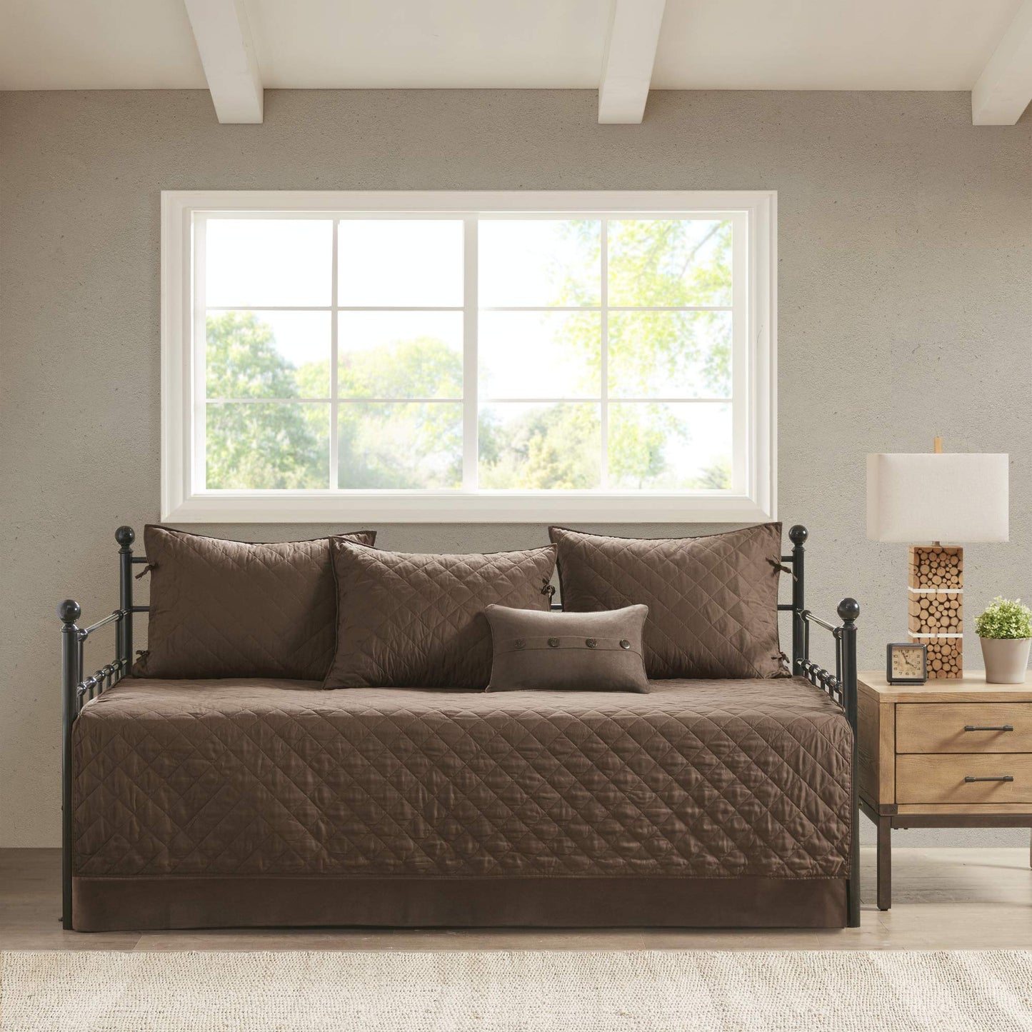 Madison Park Daybed Cover Set - Trendy Design, All Season Luxury Bedding with Bedskirt, Matching Shams, Decorative Pillow, Diamond Quilted Faux Suede Reversible Brown 75"x39" 6 Piece