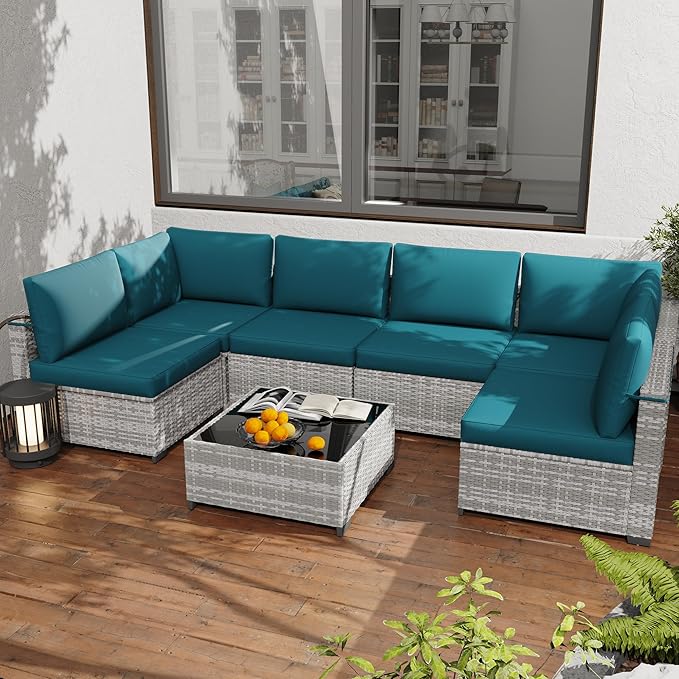 KIGOTY Patio Furniture Set, 7 Pieces Modular Outdoor Sectional Sofa, PE Rattan