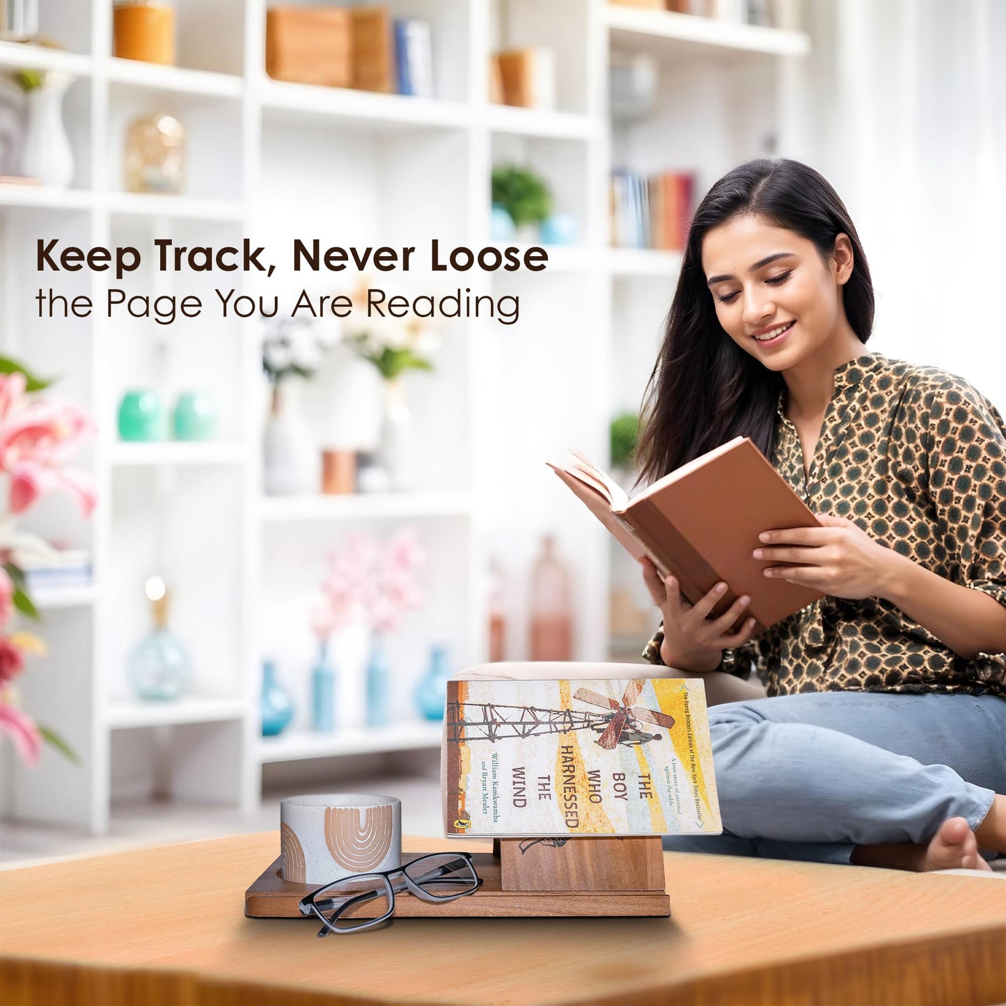 Wooden Triangle Book Stand & Reading Valet – Book Rest with Cup, Phone, Glasses & Pen Holder – Thumb Book Page Holder - Nightstand Book Holder & Gift for Book Lovers, Readers & Bibliophiles