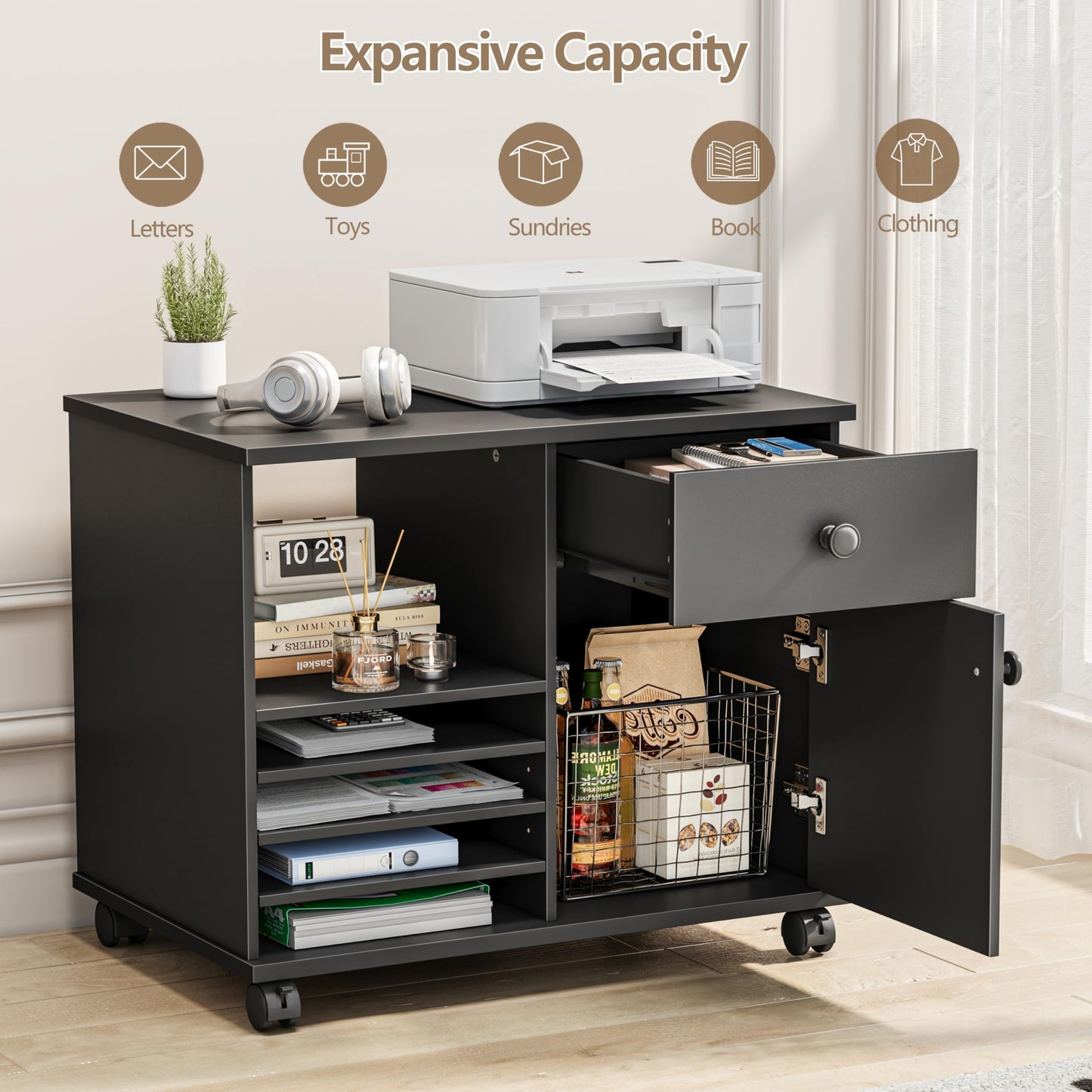 Quikraen Wooden Rolling File Cabinet Black Mobile Lateral Office Filing Cabinets with Doors and Open Adjustable Shelves Lateral Printer Stand with Drawer for Office Supplies