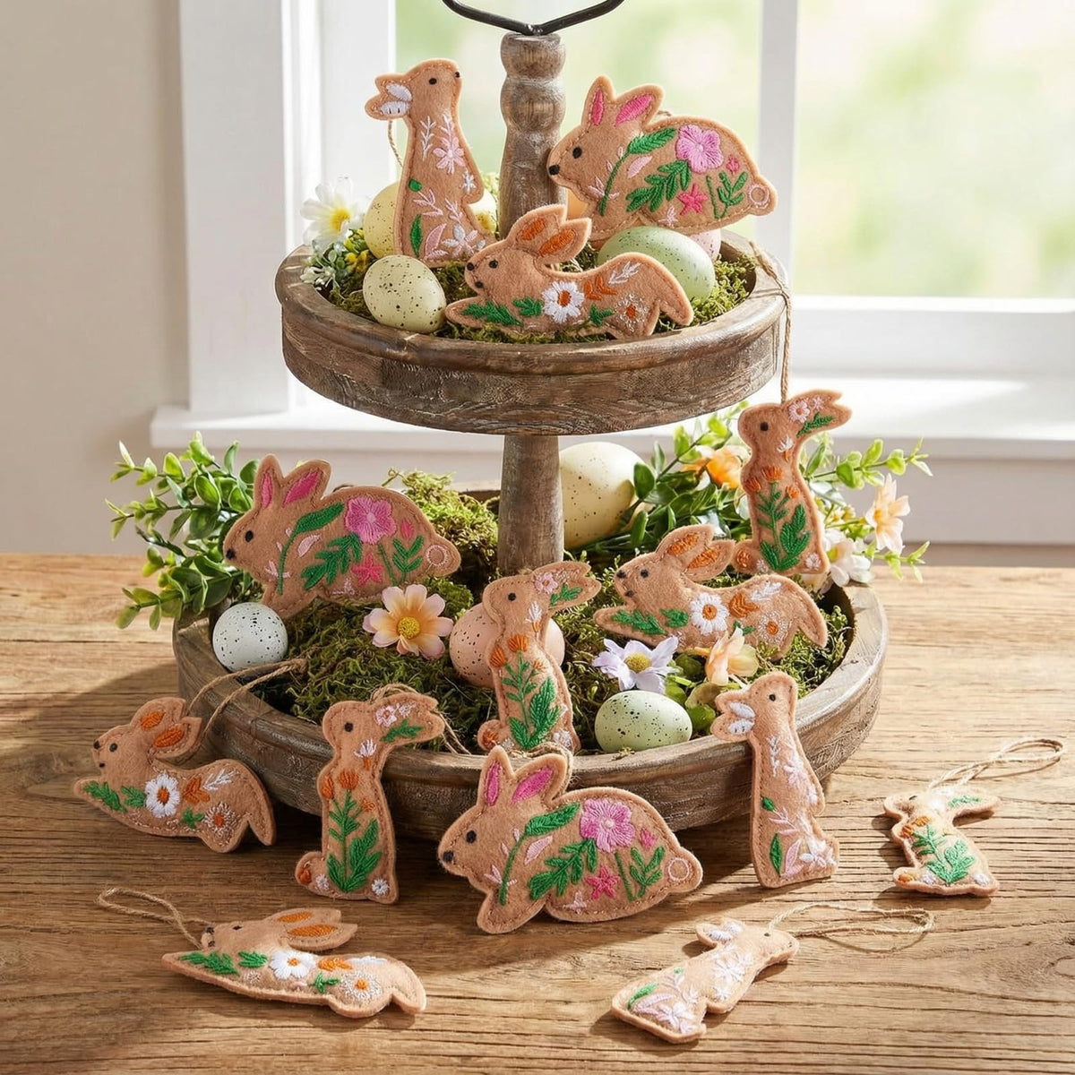 HunnmingRe 12 Pcs Easter Bunny Ornaments Felt Embroidery Easter Hanging Tree Ornaments Handcrafted Bunny Rabbit Spring Tree Decorations for Spring Party Door Home Wall Mantel Decor Arts Crafts Gifts