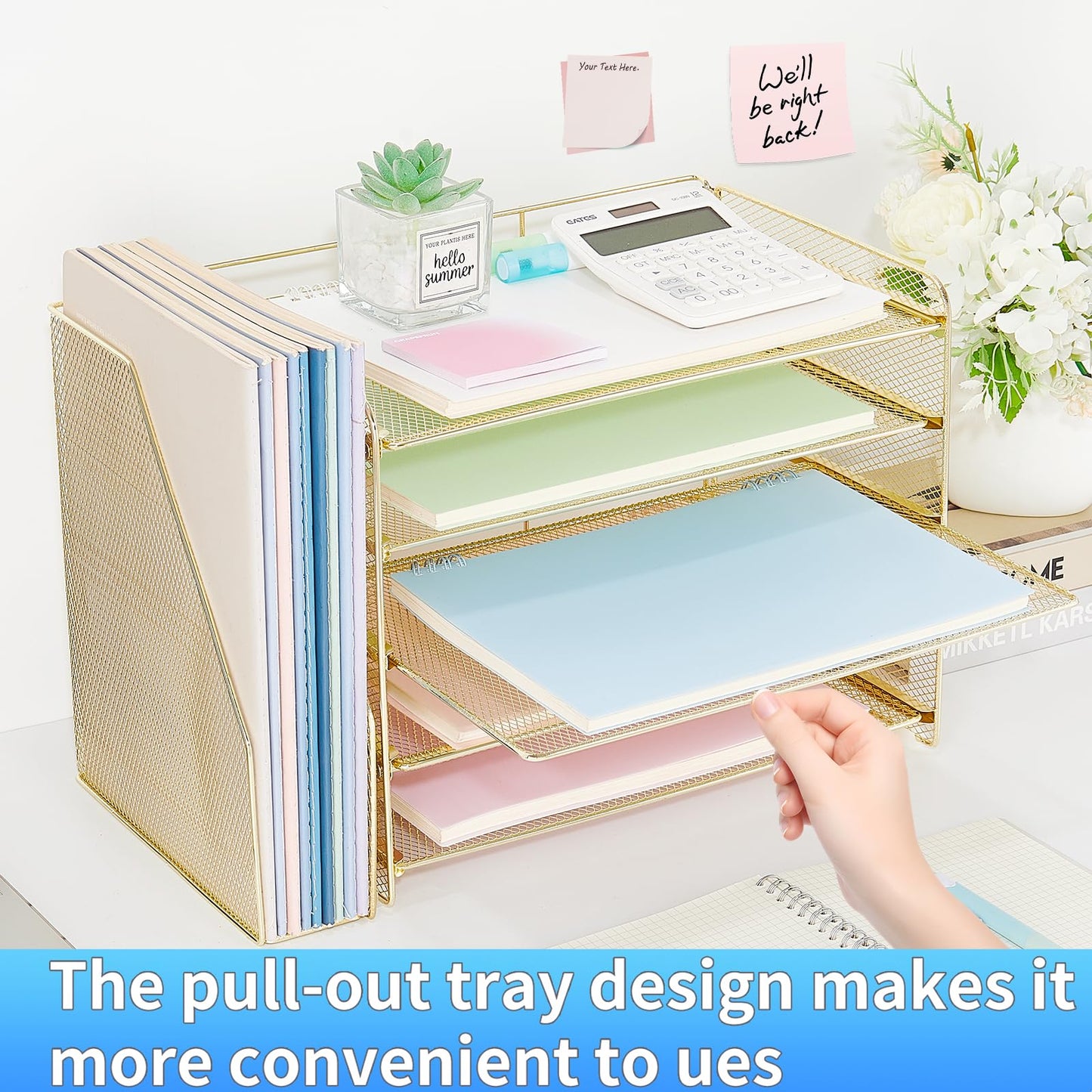OPNICE Desk Organizer, 5-Tier Paper Organizer Letter Tray with Magazine Holder, Office Desk Accessories & Workspace Organizers, Desktop File Organizer for Office Supplies Storage, Gold