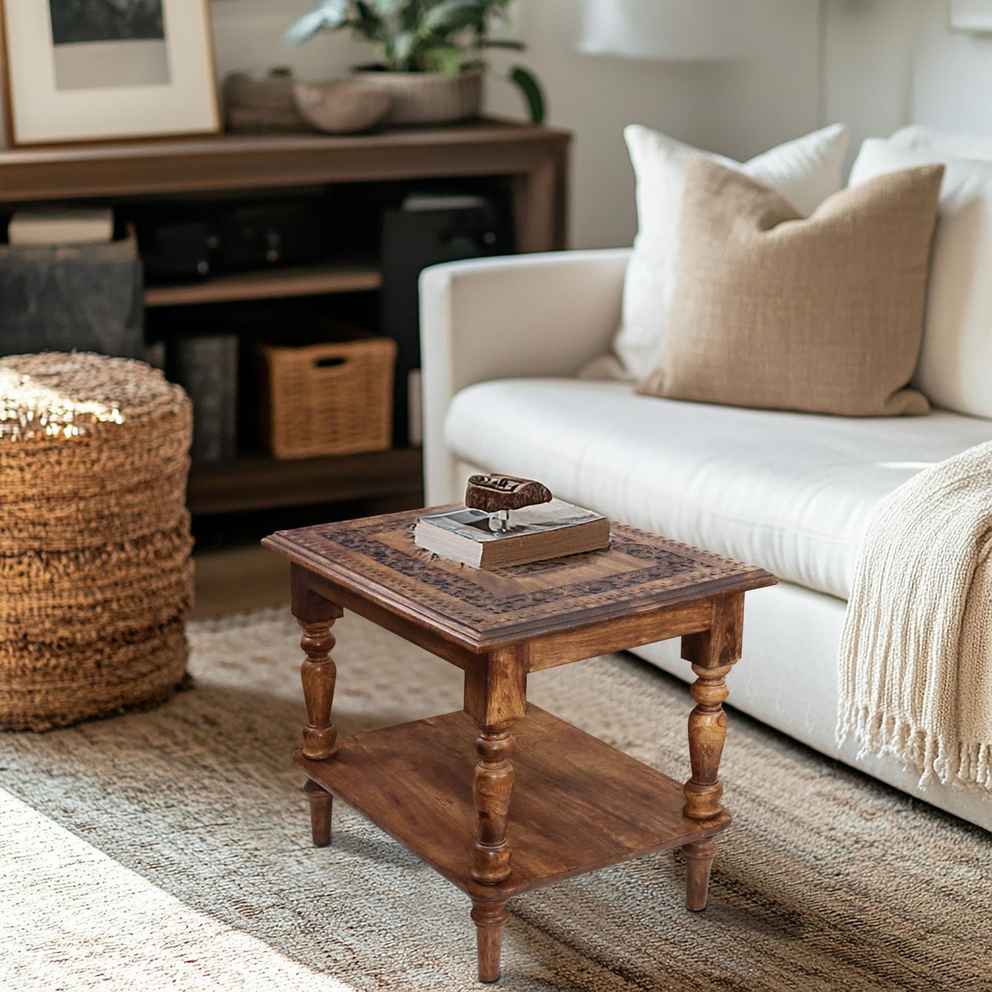 COTTON CRAFT Solid Wood End Table - Hand Carved Vintage Farmhouse Boho Side Table with Bottom Shelf - Small Spaces Entryway Living Room Bedside - No Tools Assembly - 21x16x18 - Brown