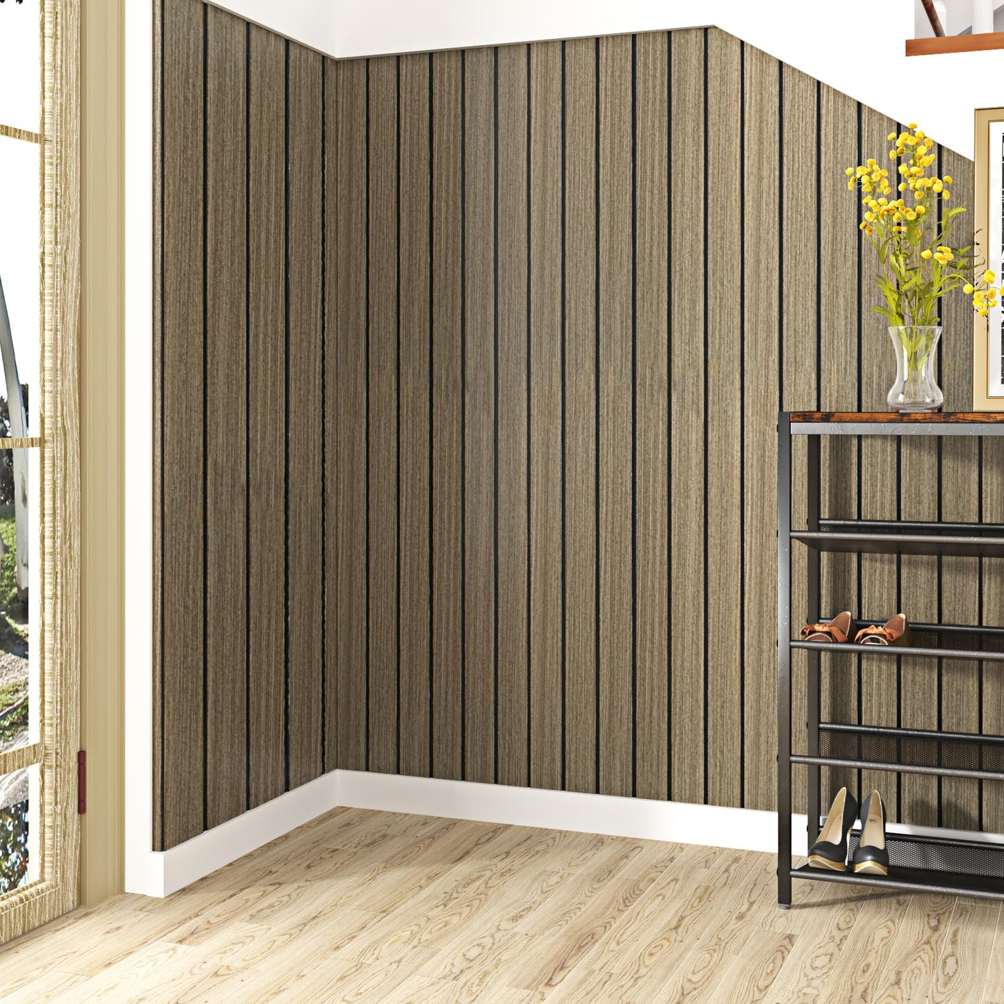 STICKEEP PVC Wood Slat Wall Panel 197"x23.6" Brown Acoustic Wall Panels Peel and Stick Self Adhesive 3D Wooden Slat Wallpaper Soundproof Foam Paneling for Bedroom Living Room Studio Ceilings