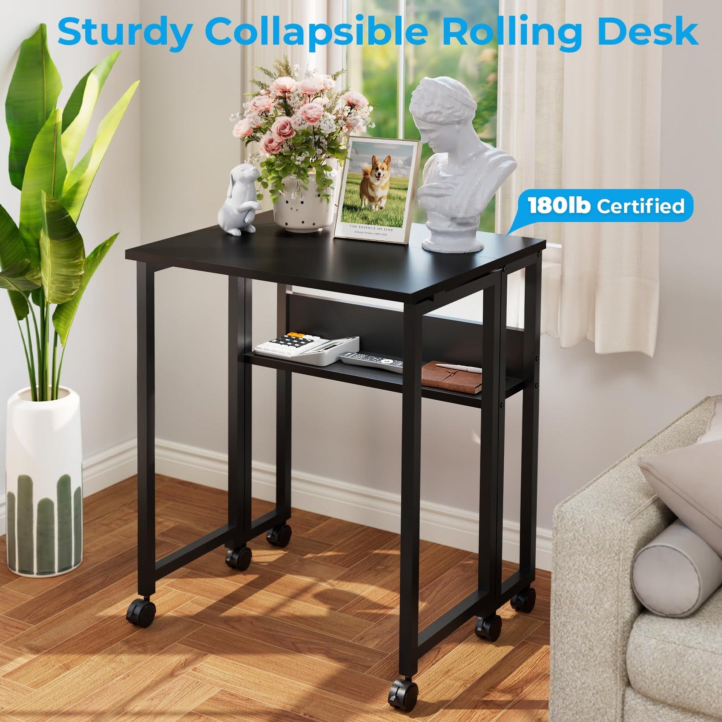 GreenForest Folding Desk with Wheels, 24.8 Inch Compact Rolling Computer Table with Storage Shelf, Portable Mobile Workstation for Small Spaces, Easy Assembly, Black