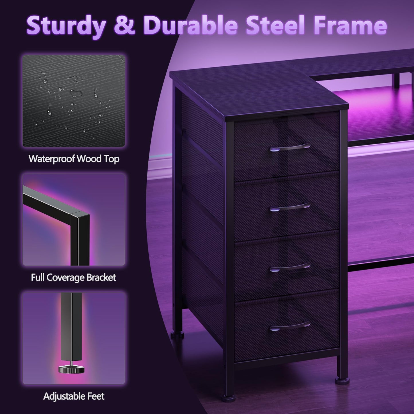 Korfile 47 Inch Gaming Desk with Power Outlets and LED Lights, Reversible Computer Desk with 5 Fabric Storage Drawers, Home Office Desk with Monitor Stand for Working Writing Study, Black