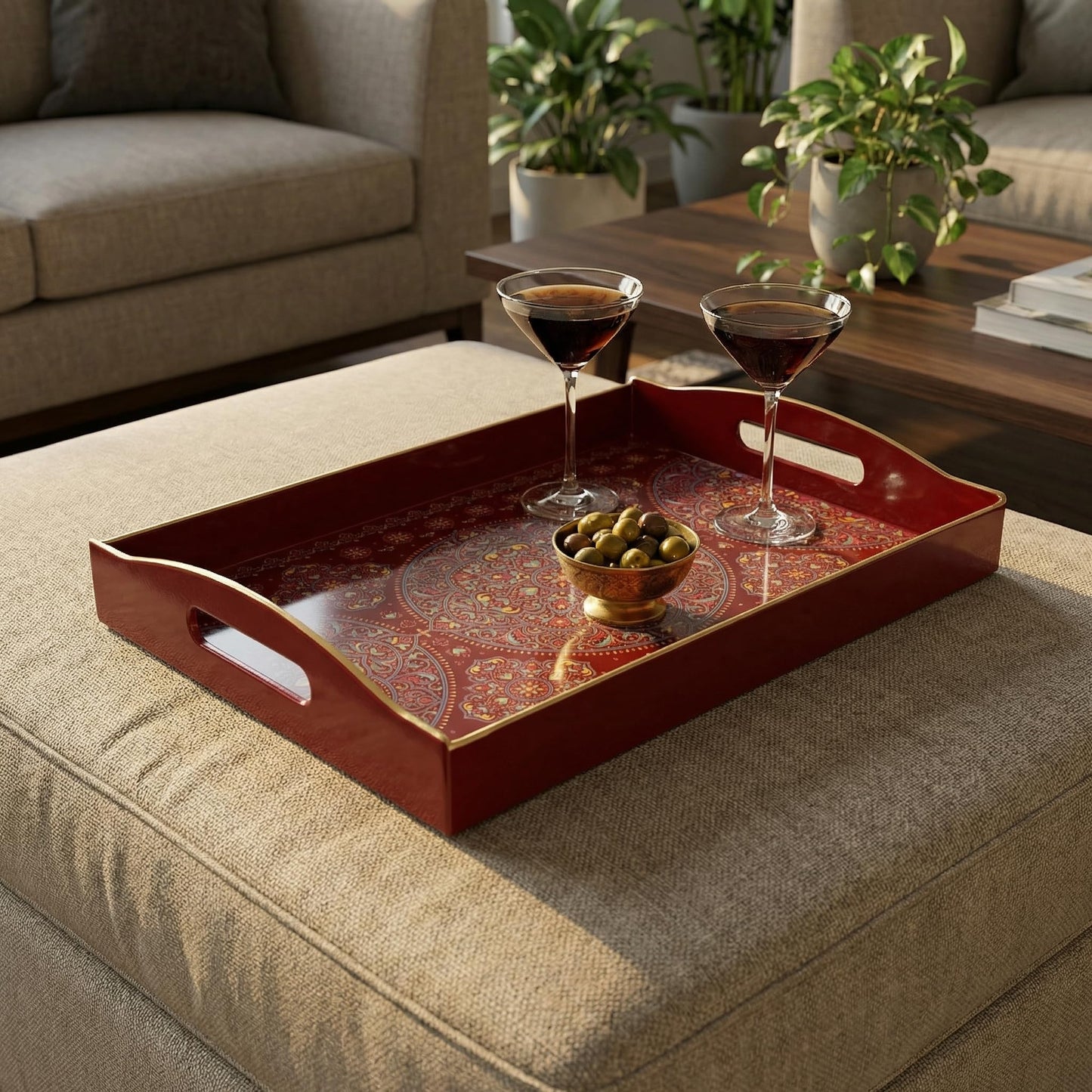 Umisriro Boho Red Decorative Tray, Serving Tray with Handles, Plastic Tray for Coffee Table, Ottoman - Ideal for Living Room & Bathroom. 15” x 11” x 2.5”