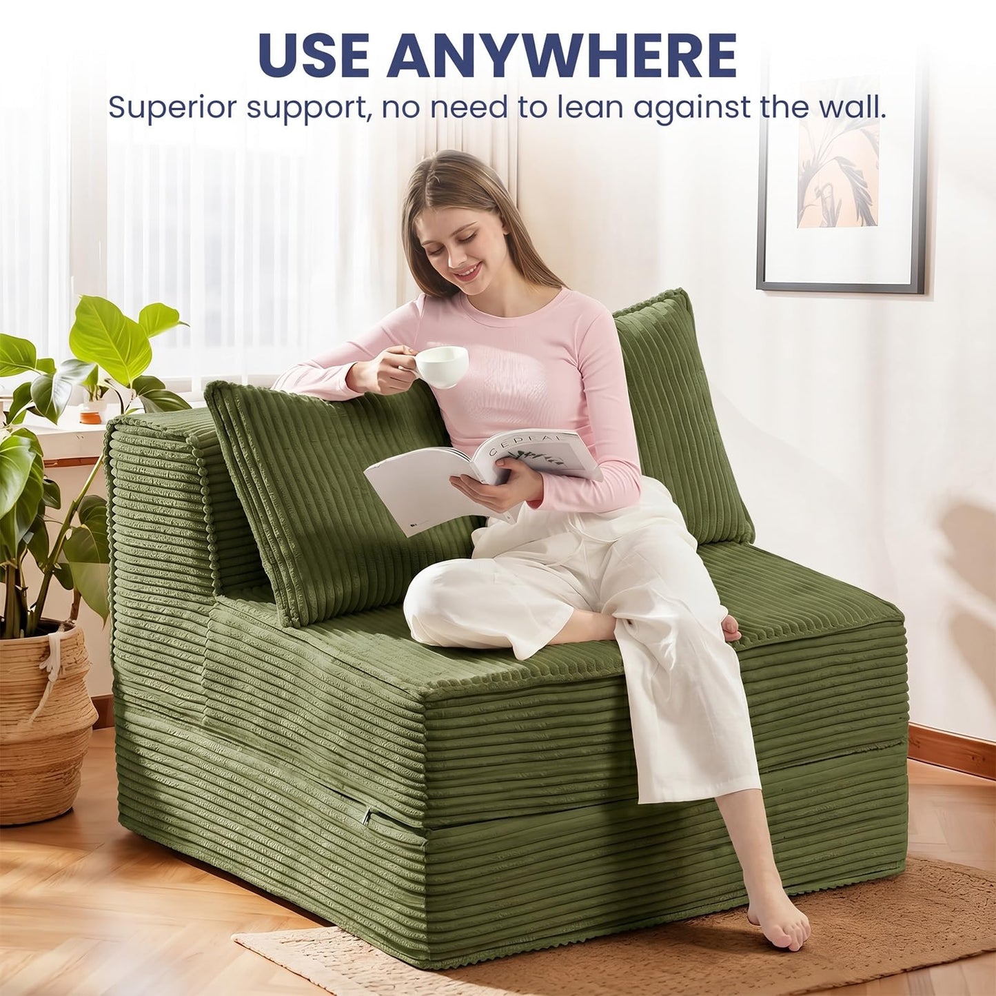 Erament Folding Sofa Bed, 8" Convertible Sleeper Sofa Fold Out Chair Bed with Pillow, Portable Floor Couch Lounge Sofa for Living Room Bedroom Guest Room, Green