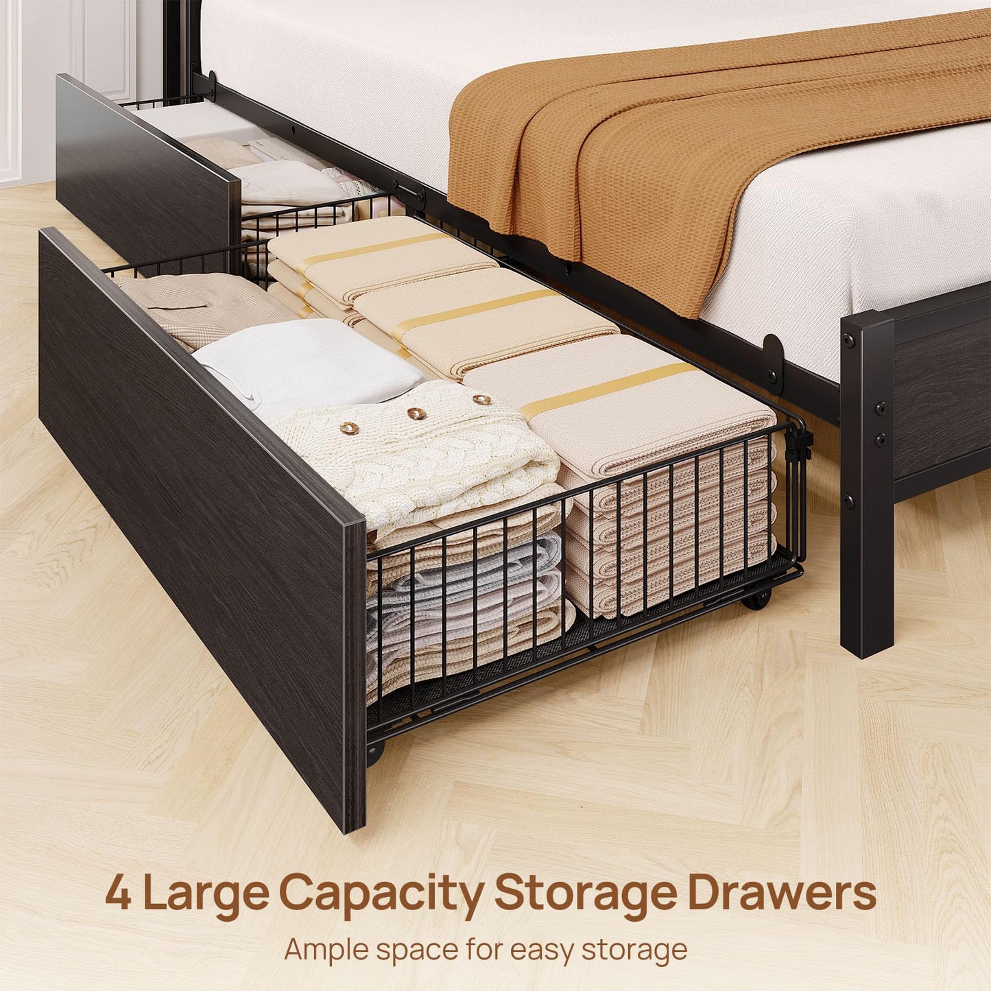 Rolanstar Bed Frame Queen Size with Charging Station and LED Lights, Upholstered Storage Headboard with Drawers, Heavy Duty Metal Slats, No Box Spring Needed, Easy Assembly, Black