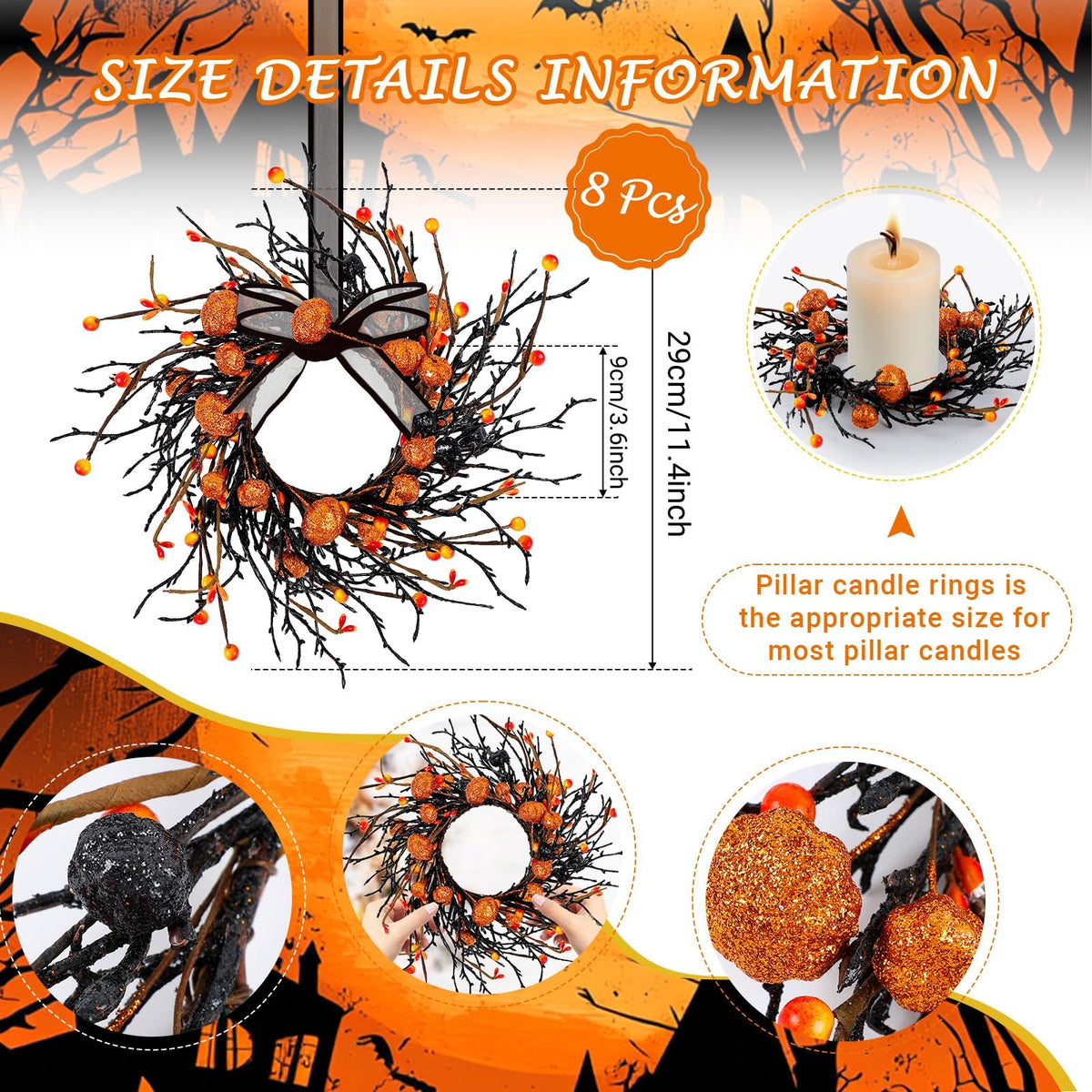 8 PCS Halloween Candle Rings Wreaths Black Orange Berries & Pumpkin Candle Rings Mini Wreath 3.5 Inch Center for Pillar Candle Halloween Fall Thanksgiving Party Home Table Indoor Decorations