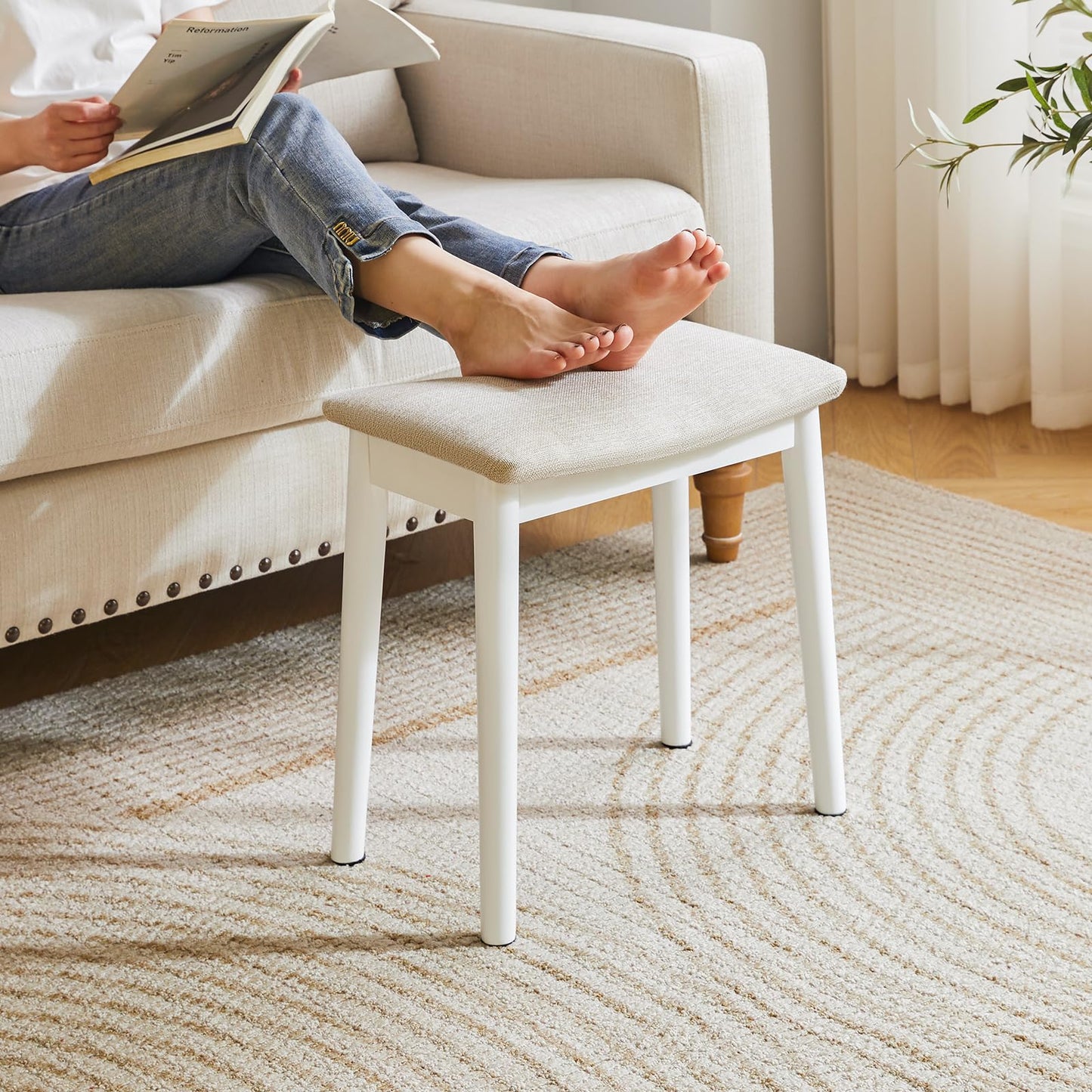 IBUYKE Saddle Cushion Vanity Stool Chair, Foot Rest Stool with Solid Wood Legs, Modern Vanity Bench Ottoman for Piano, Upholstered Seat for Bedroom, Entryway, White Legs&Light Linen WBD007WY