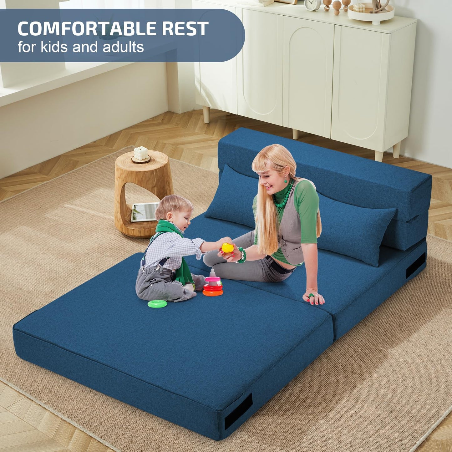 SUYOLS Folding Sofa Bed with Pillow- Convertible Chair Floor Couch & Sleeping Mattress, Foldable Memory Foam Sleeper for Living Room/Dorm/Guest Room/Home Office/Apartment/Loft,Twin,Navy Blue