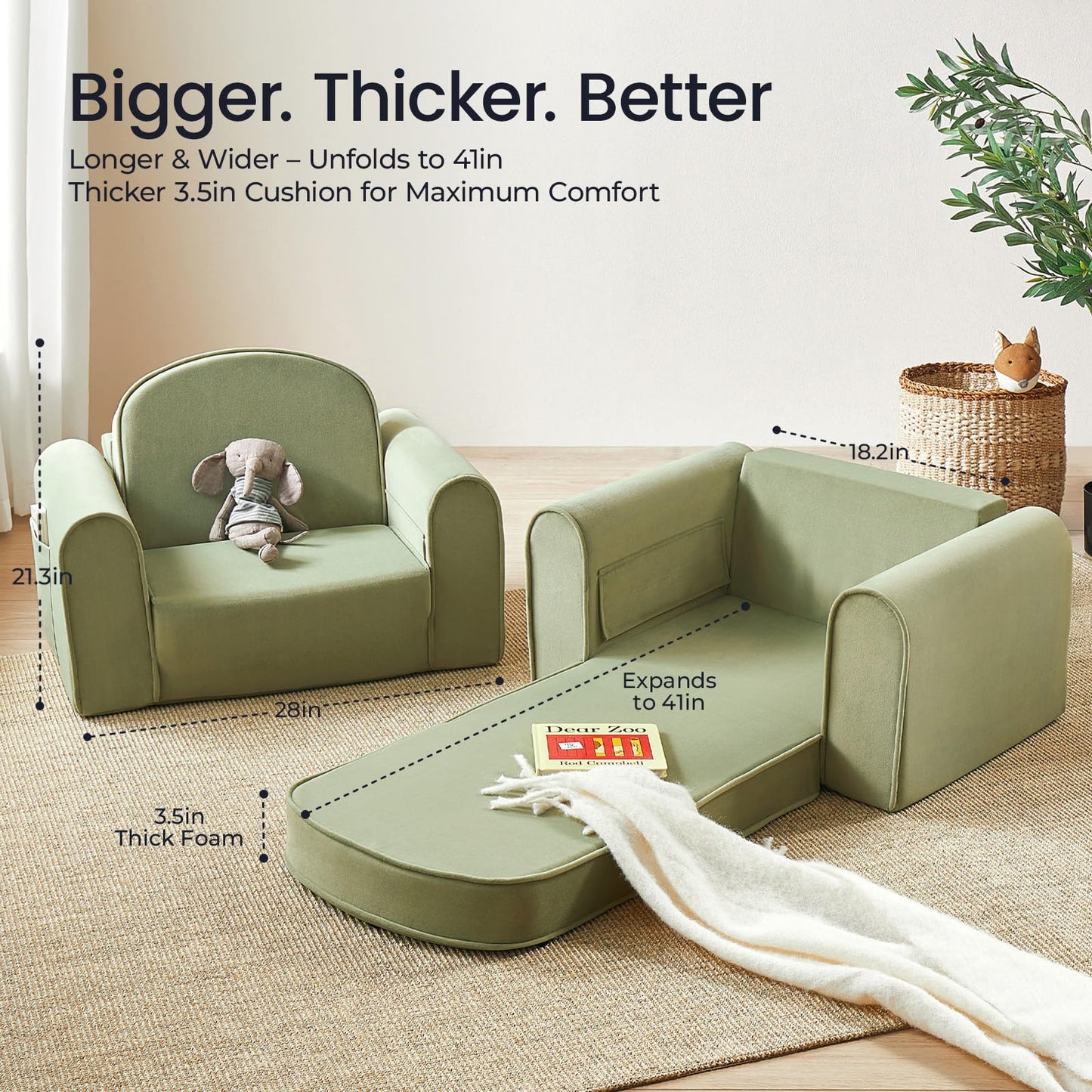 Tiny Land 2-in-1 Foldable Kids Couch with Pockets – Soft Thick Toddler Sofa, Convertible Kids Chair for Playroom, Bedroom or Living Room, Gift for Boys & Girls(Green)