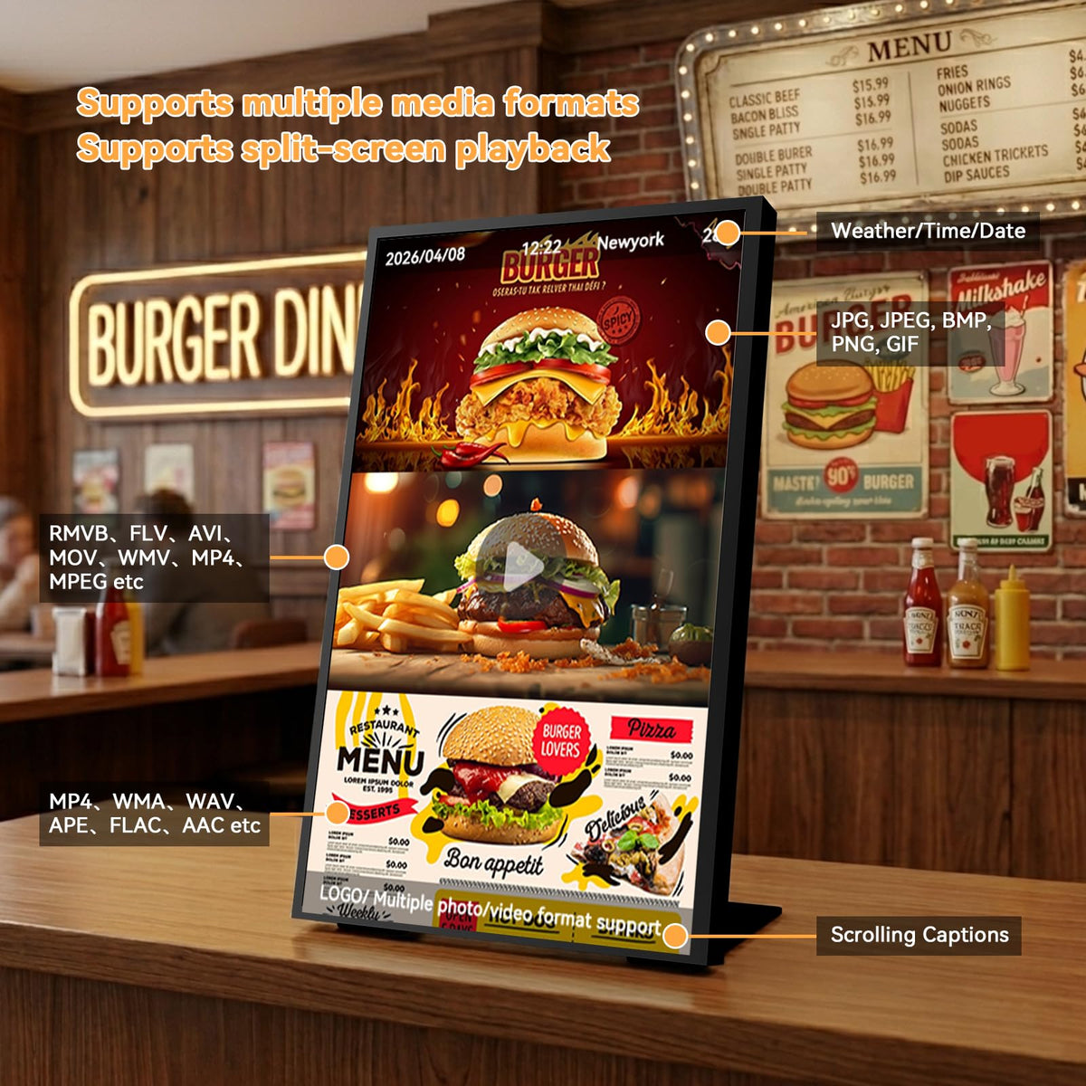 Canlarriz Digital Menu Board 18.5 Inch 700 Nits Ultra-Bright Android Display with Free Web Editor, Desktop Digital Signage for Stores, Restaurants & Commercial Use