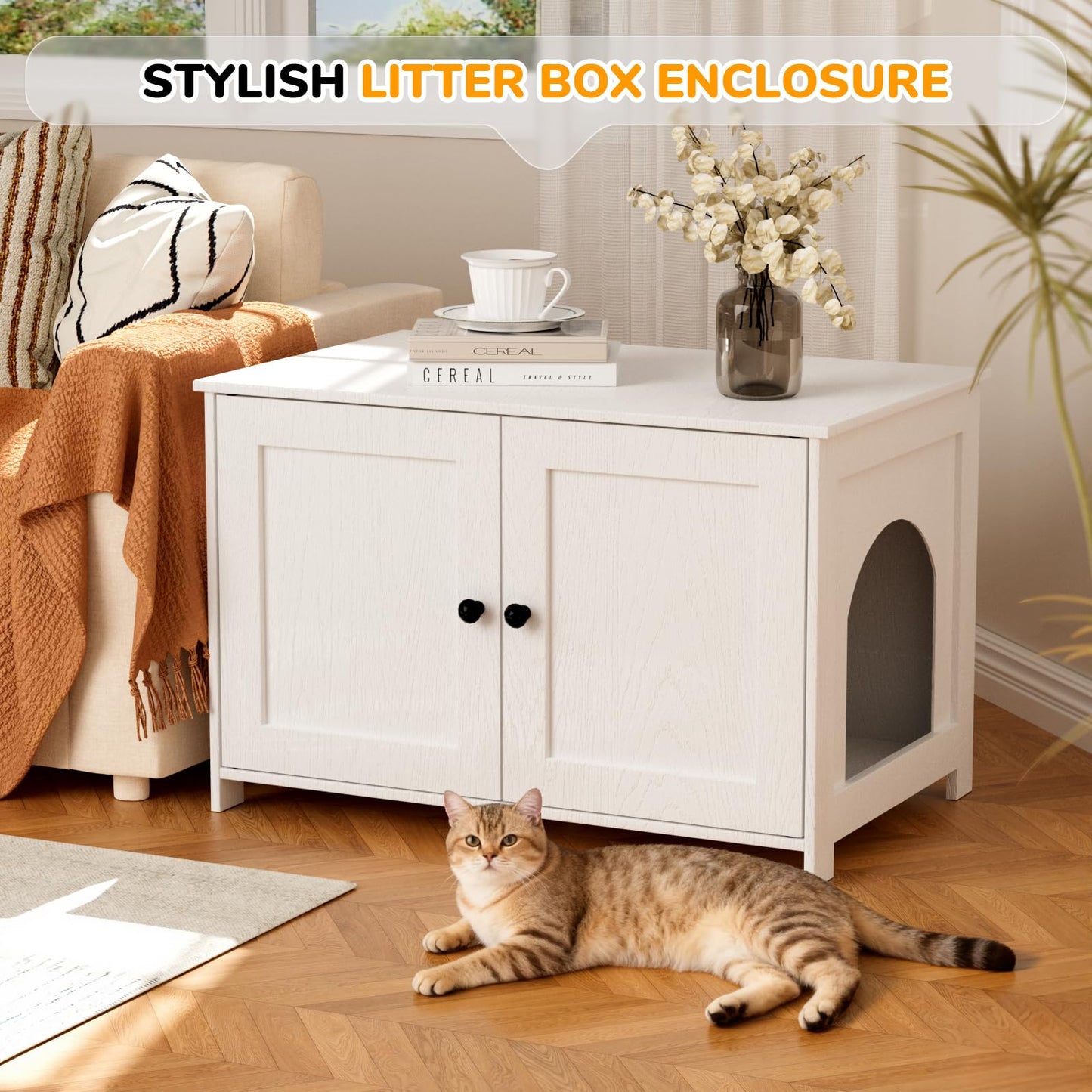 Fecuria Cat Litter Box Enclosure Furniture Dog Proof, Hidden Kitty Washroom Cabinet Low Entry, Wooden Cat Boxes Enclosure Odor Control for Home, Farmhouse Style Decorative TV Stand with Storage, White