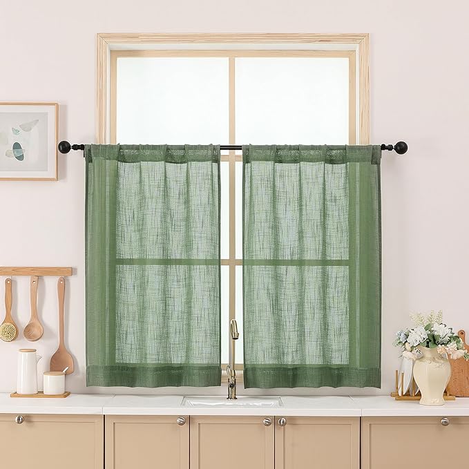 Chyhomenyc Sage Green Semi Sheer Curtains 36 Inch Length, Light Filtering Faux